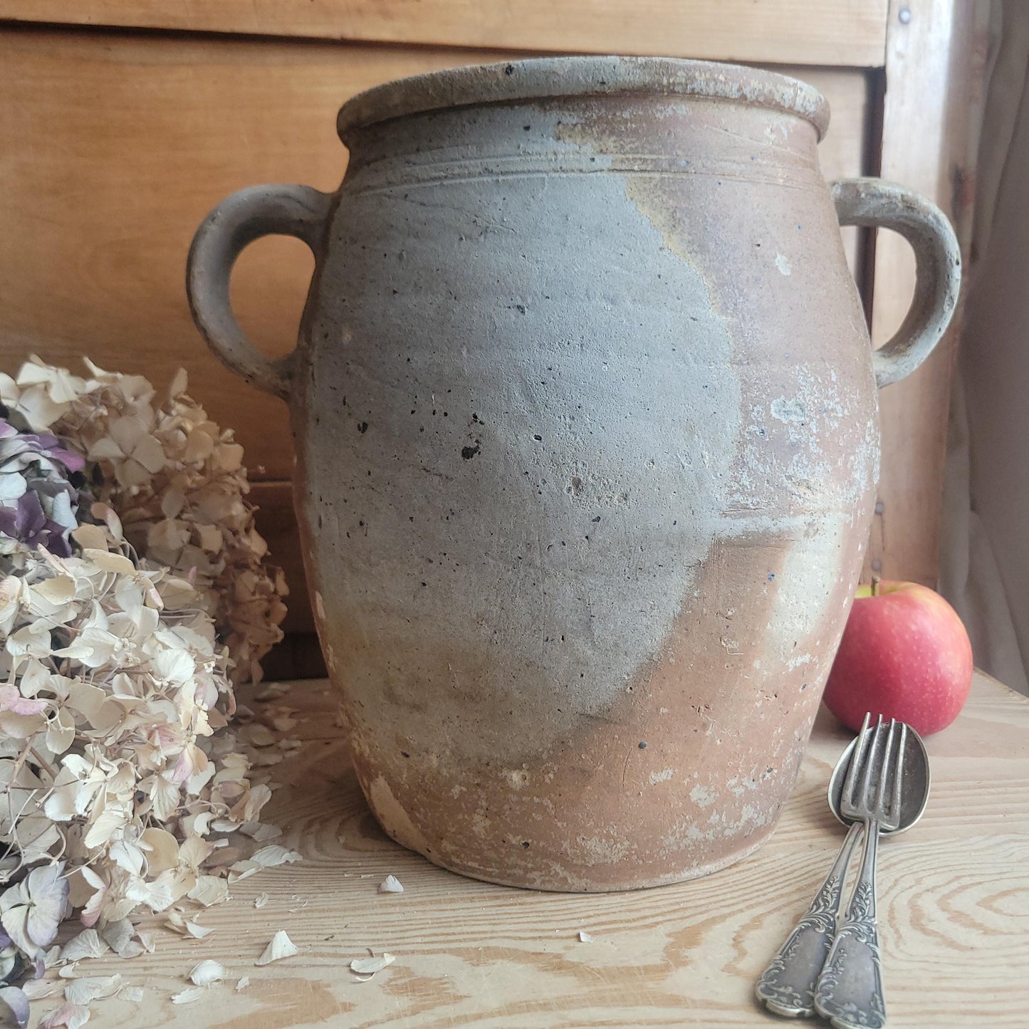 Antique French Confit Pot-two handled stoneware, pale brown part glaze and ecru ground early 1900s