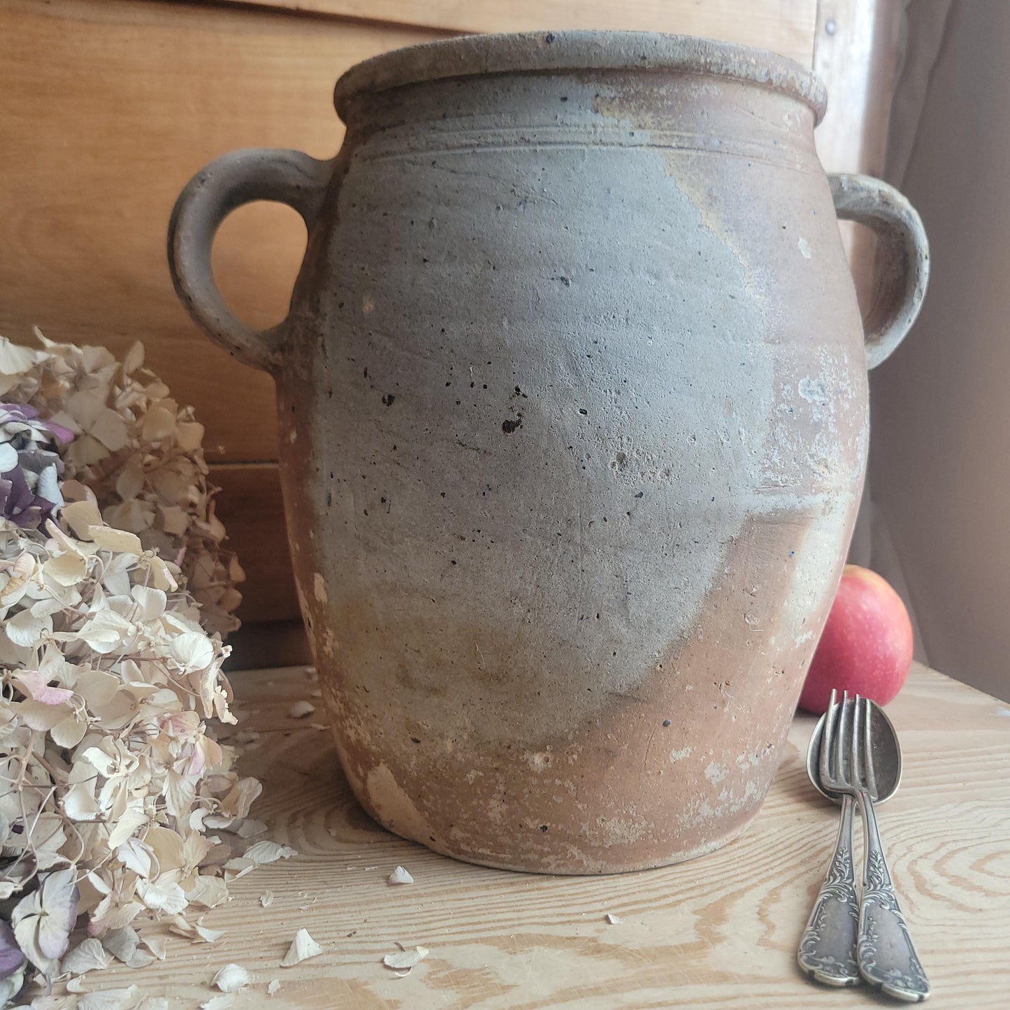 Antique French Confit Pot-two handled stoneware, pale brown part glaze and ecru ground early 1900s
