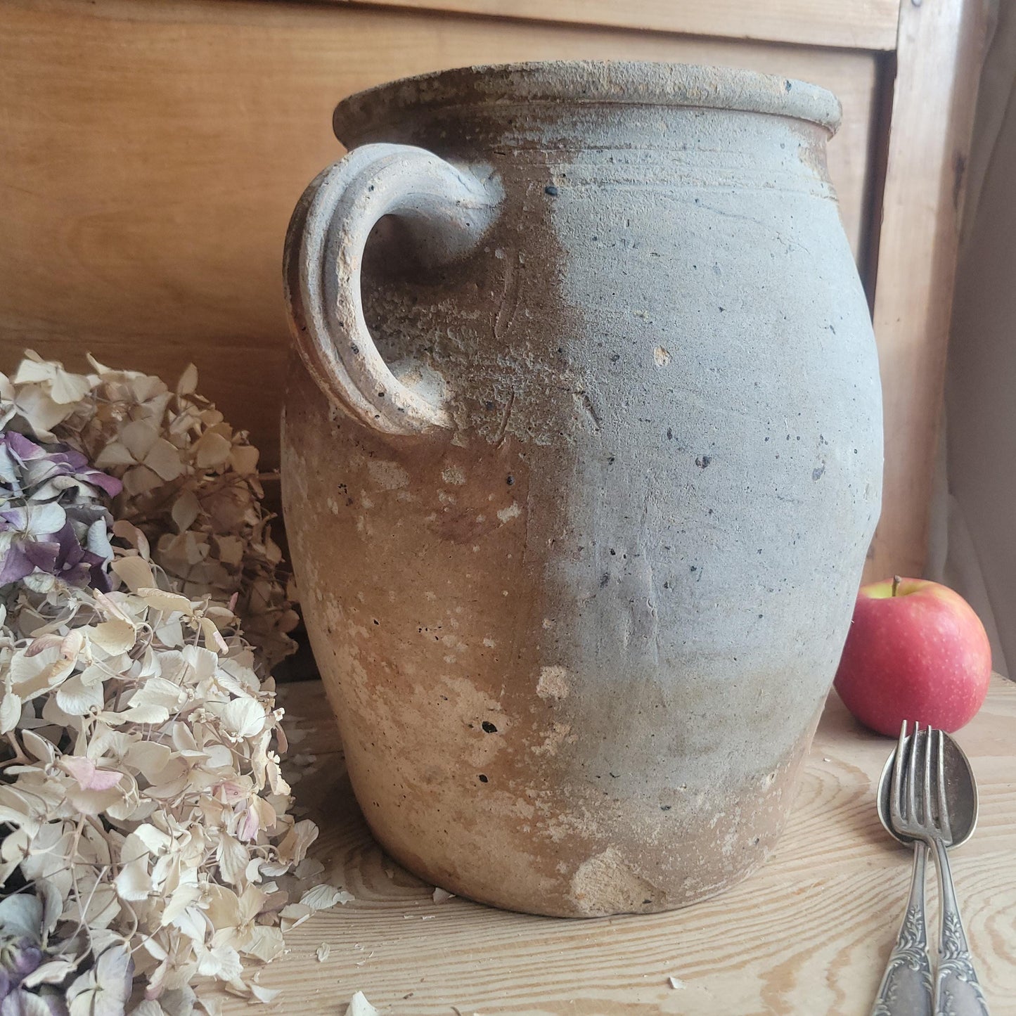 Antique French Confit Pot-two handled stoneware, pale brown part glaze and ecru ground early 1900s