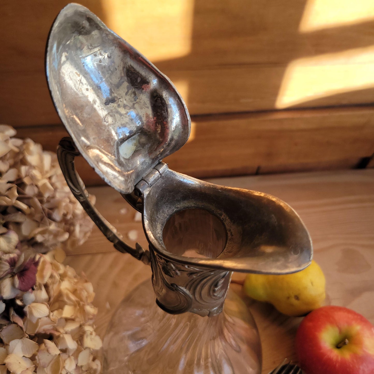 Antique Glass Decanter with Metal Mount and Handle, France c.1911