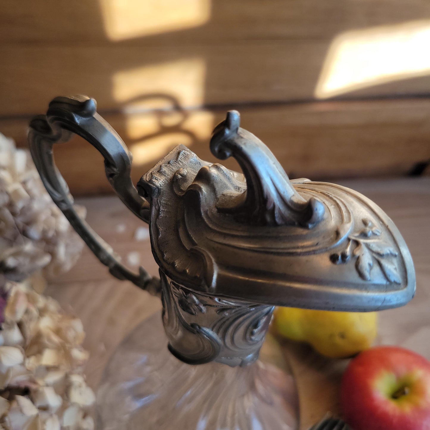 Antique Glass Decanter with Metal Mount and Handle, France c.1911