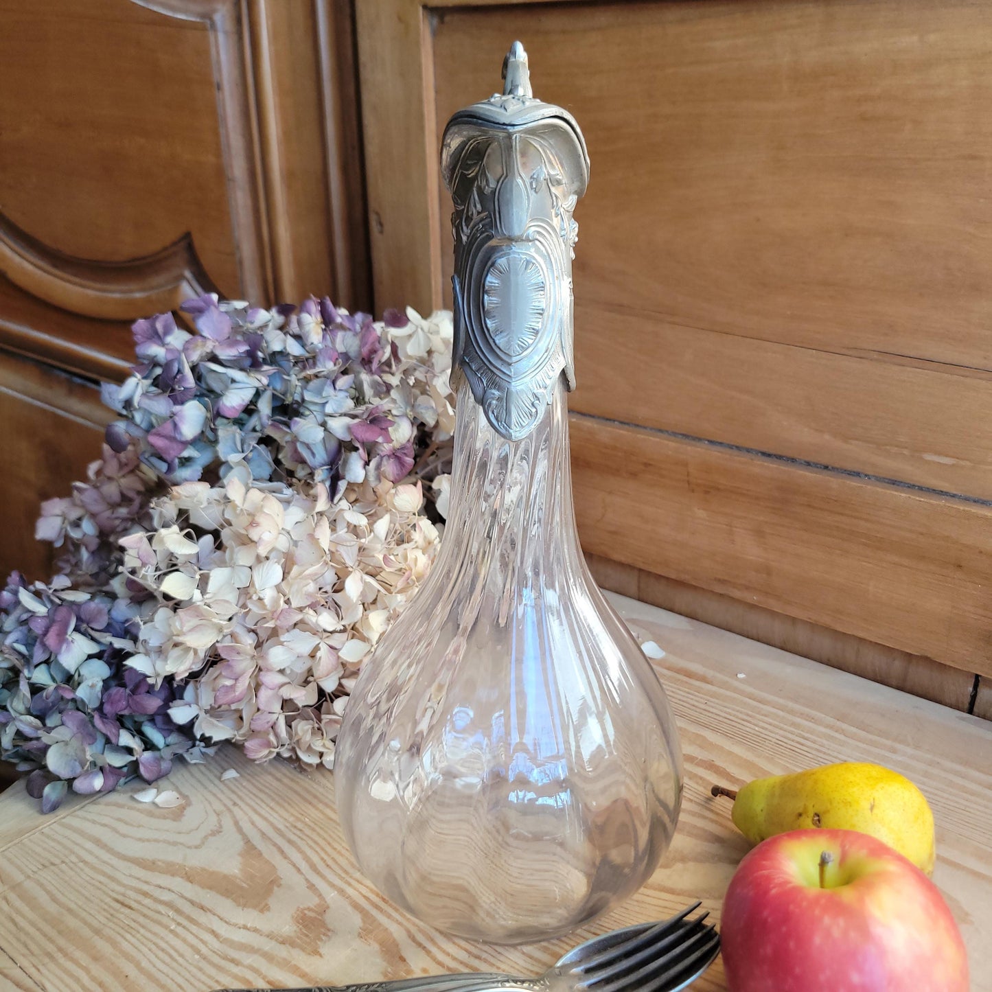 Antique Glass Decanter with Metal Mount and Handle, France c.1911