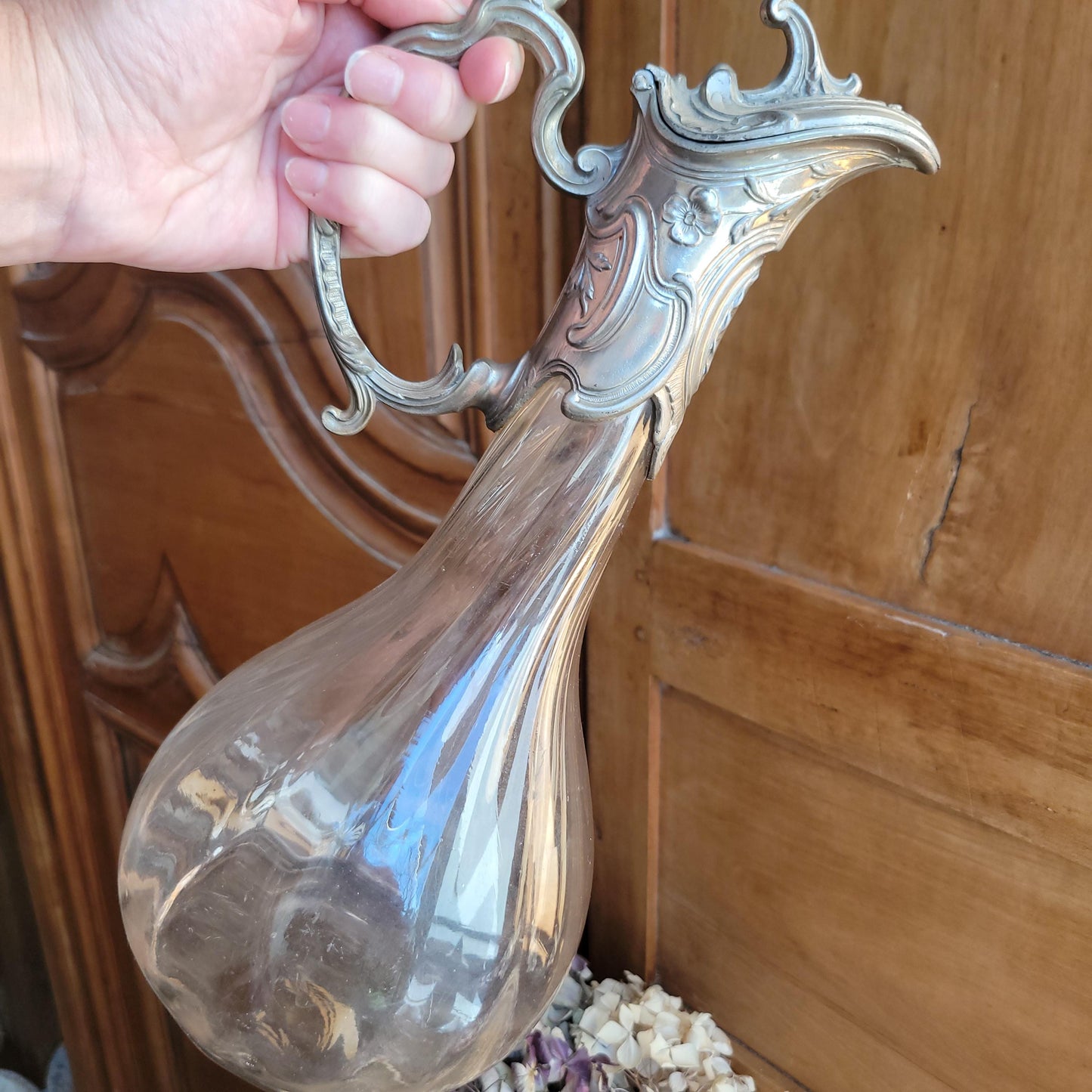 Antique Glass Decanter with Metal Mount and Handle, France c.1911