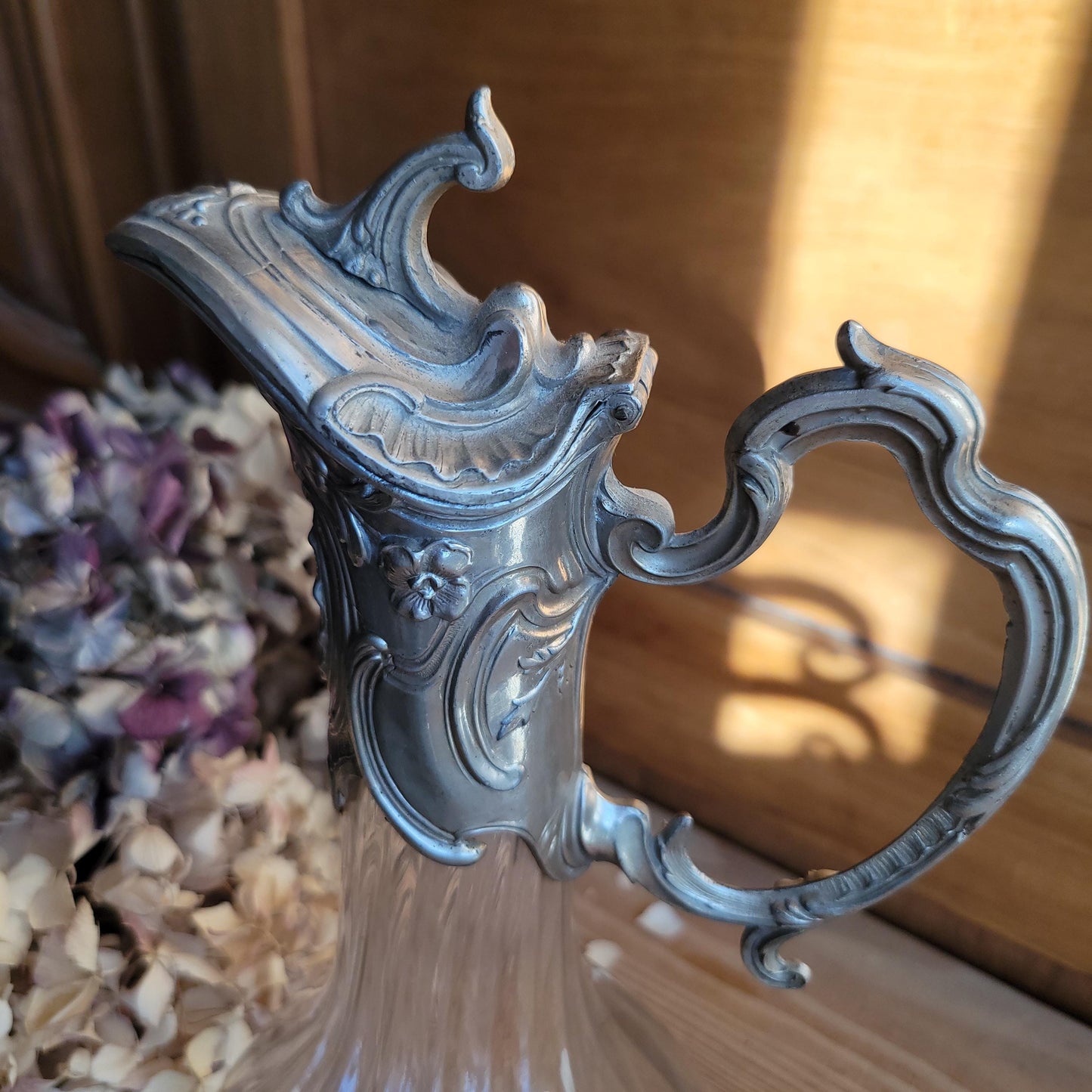 Antique Glass Decanter with Metal Mount and Handle, France c.1911