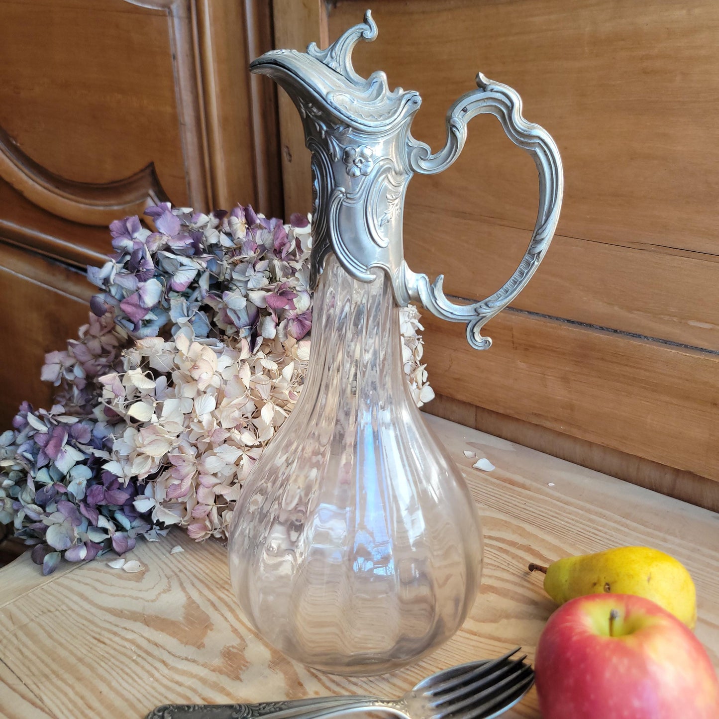 Antique Glass Decanter with Metal Mount and Handle, France c.1911