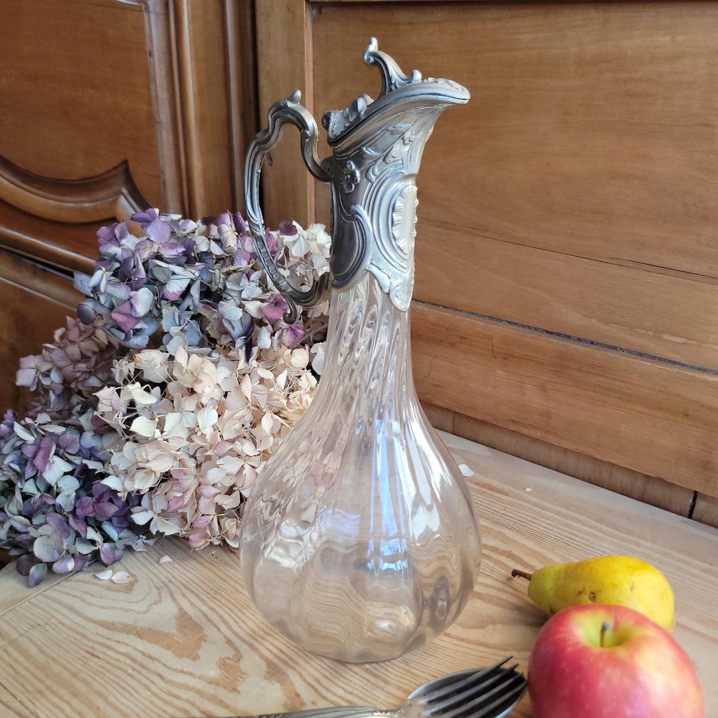 Antique Glass Decanter with Metal Mount and Handle, France c.1911