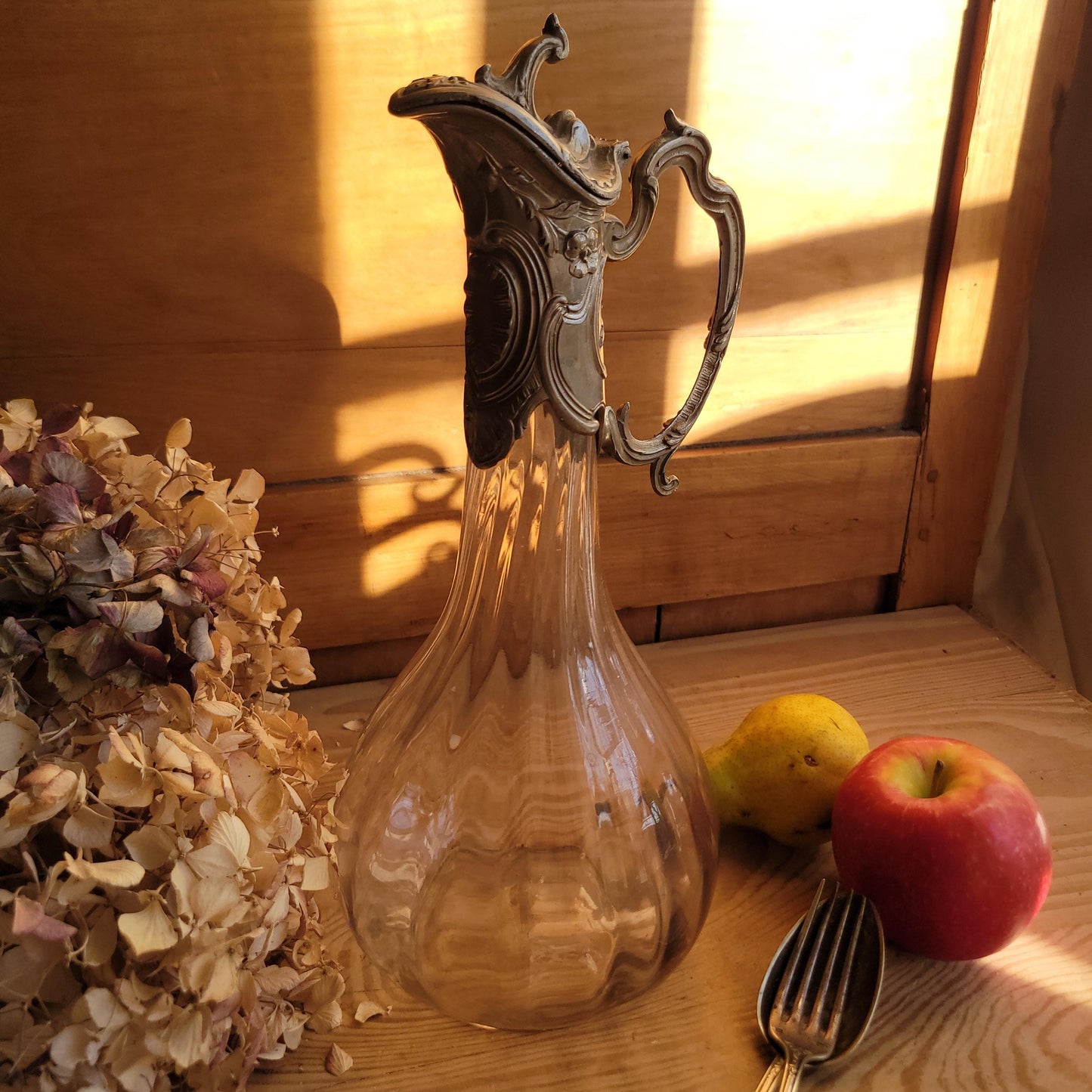 Antique Glass Decanter with Metal Mount and Handle, France c.1911