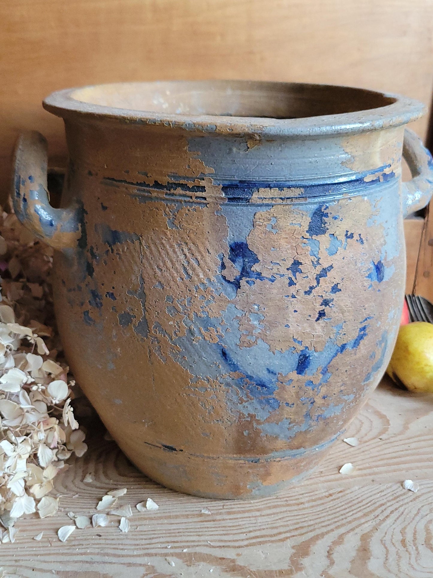 Very Large Antique Confit Pot, blue ground, brown surface with handles, La Borne c.1900