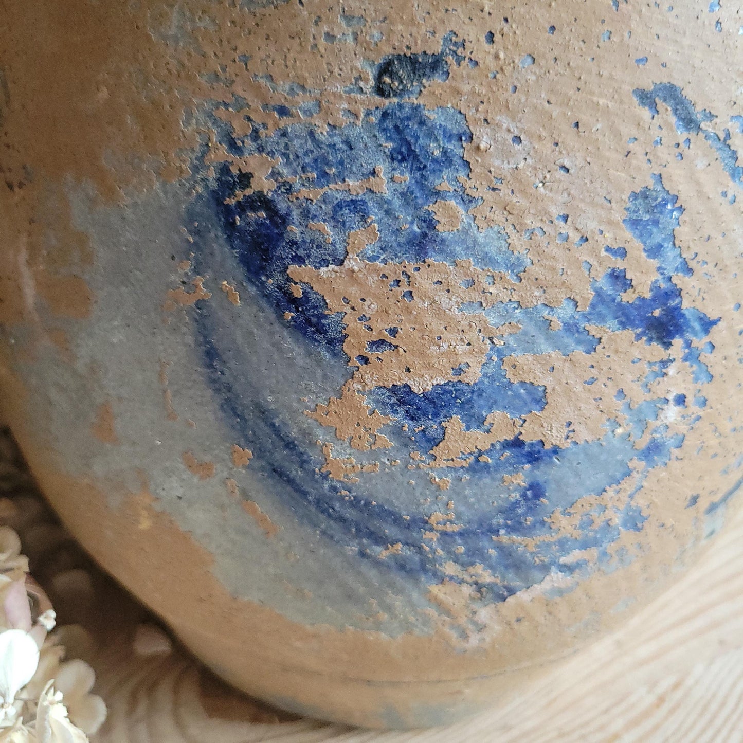 Very Large Antique Confit Pot, blue ground, brown surface with handles, La Borne c.1900