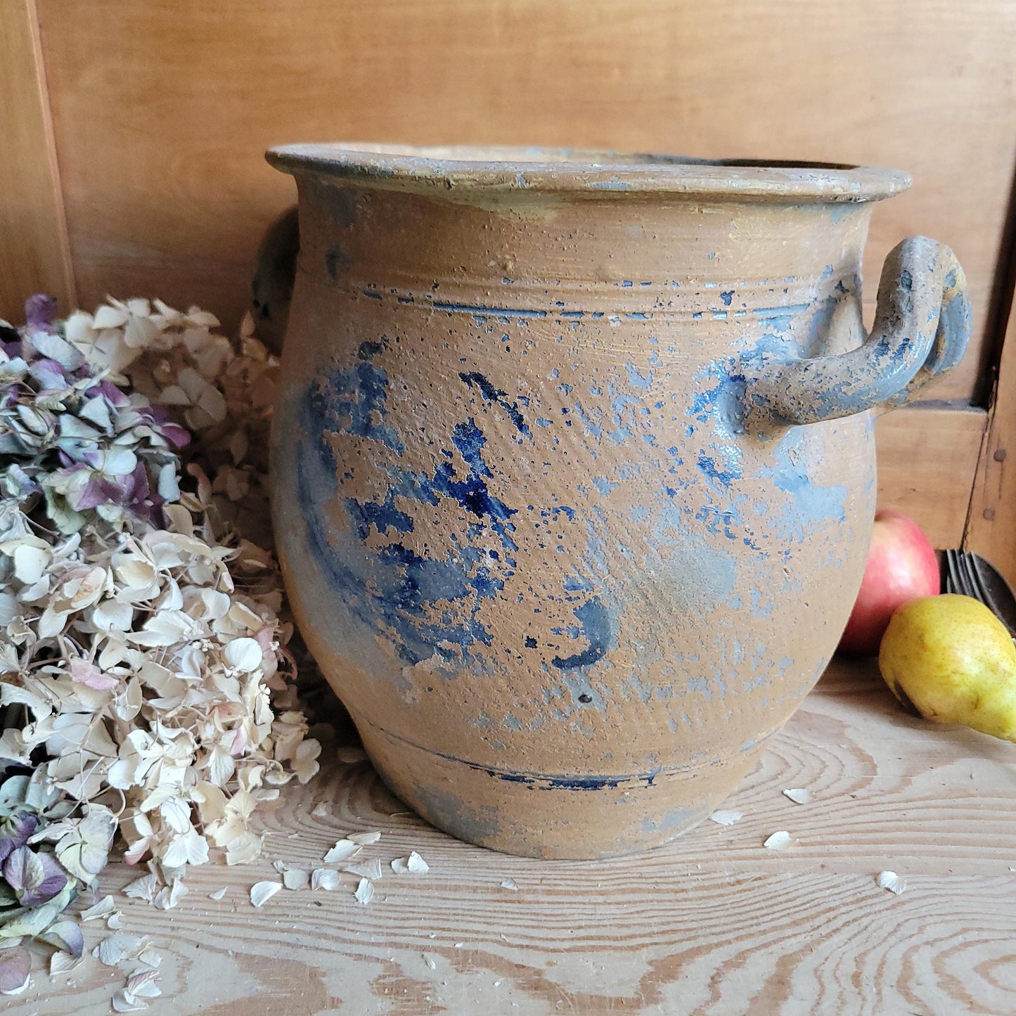 Very Large Antique Confit Pot, blue ground, brown surface with handles, La Borne c.1900
