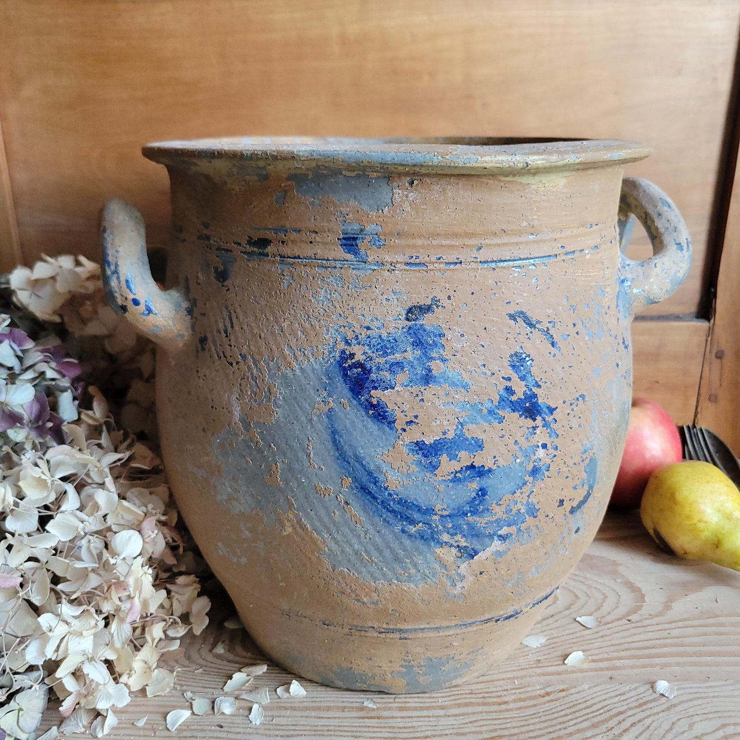 Very Large Antique Confit Pot, blue ground, brown surface with handles, La Borne c.1900