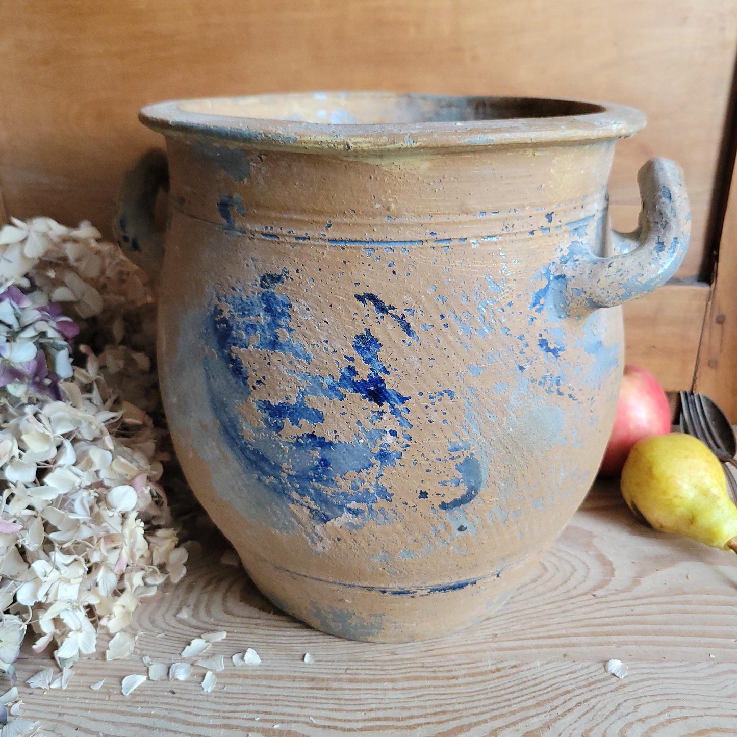 Very Large Antique Confit Pot, blue ground, brown surface with handles, La Borne c.1900