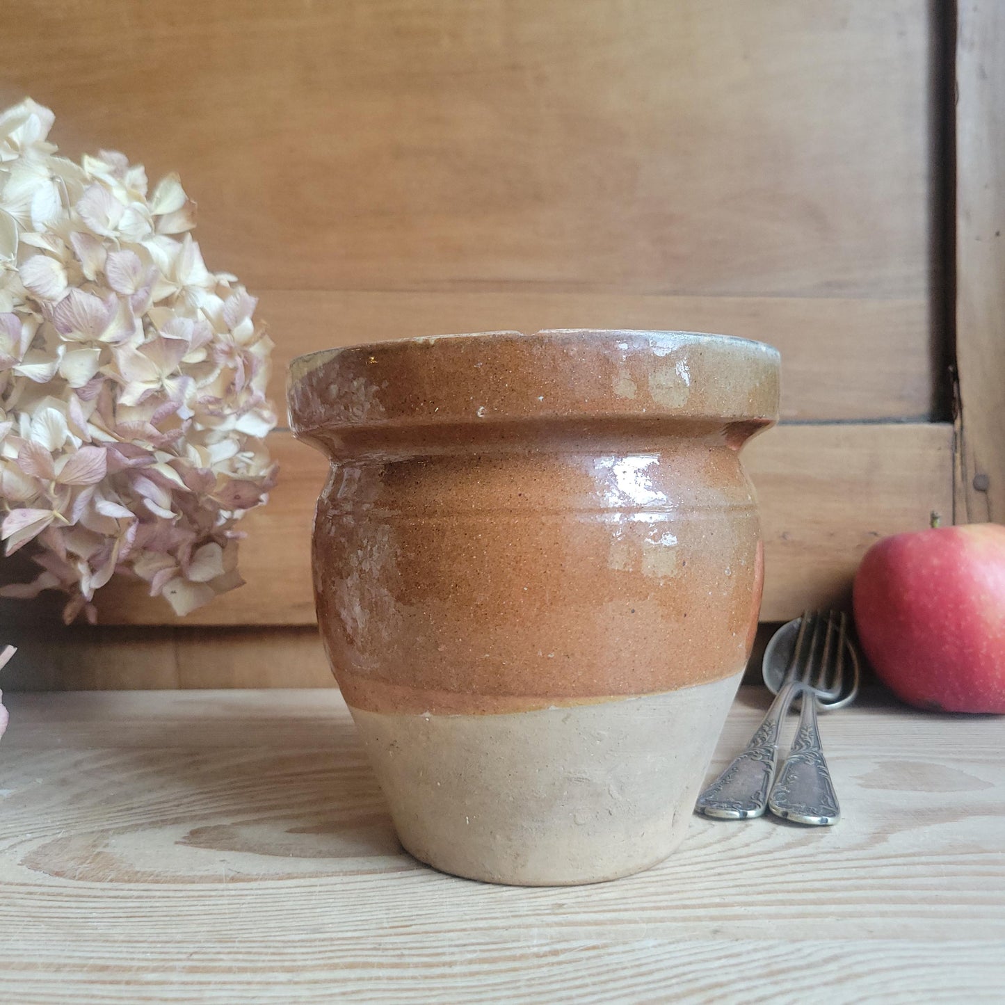 Antique Small Stoneware Confit Pot, Yellow Interior Drip Glaze, Artisanal, Provence, France c.1920