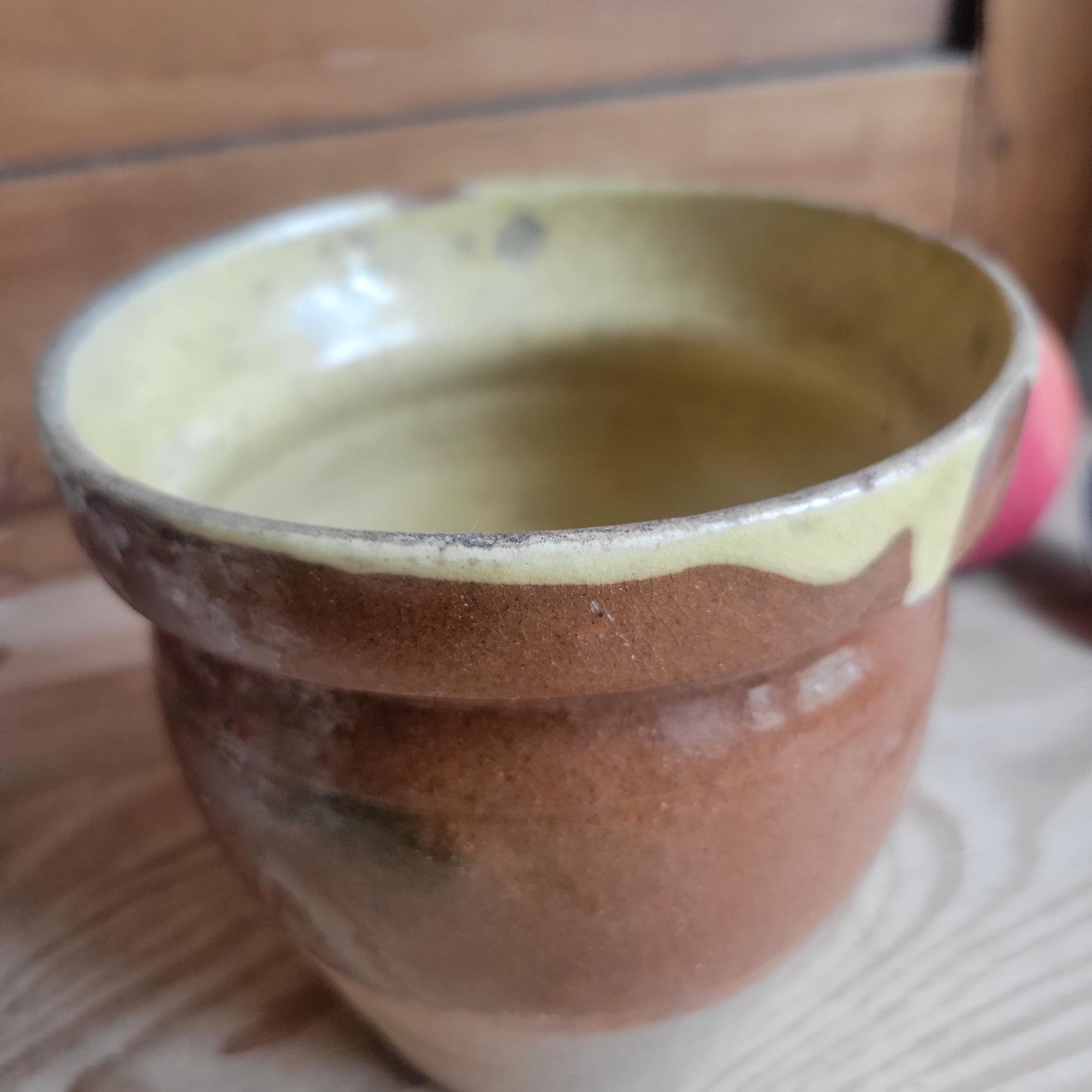 Antique Small Stoneware Confit Pot, Yellow Interior Drip Glaze, Artisanal, Provence, France c.1920