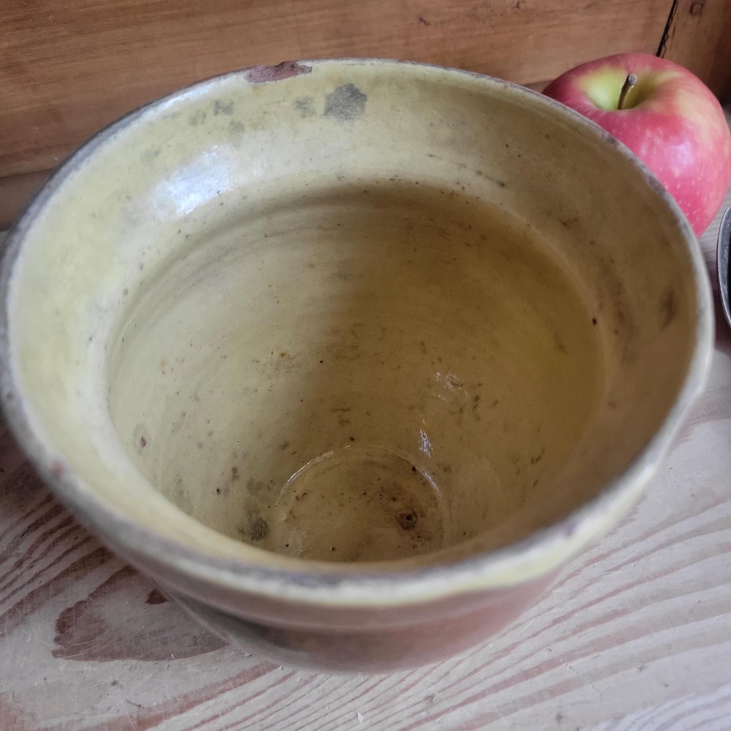 Antique Small Stoneware Confit Pot, Yellow Interior Drip Glaze, Artisanal, Provence, France c.1920