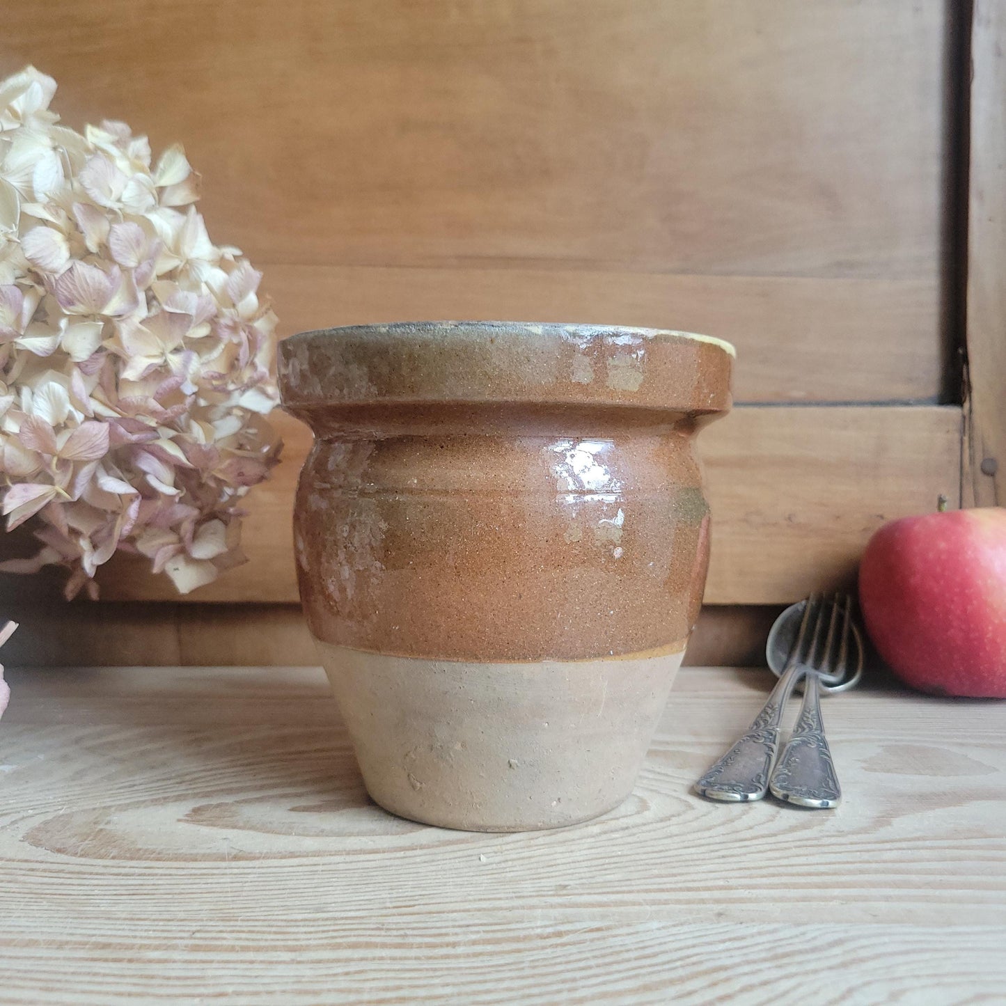 Antique Small Stoneware Confit Pot, Yellow Interior Drip Glaze, Artisanal, Provence, France c.1920