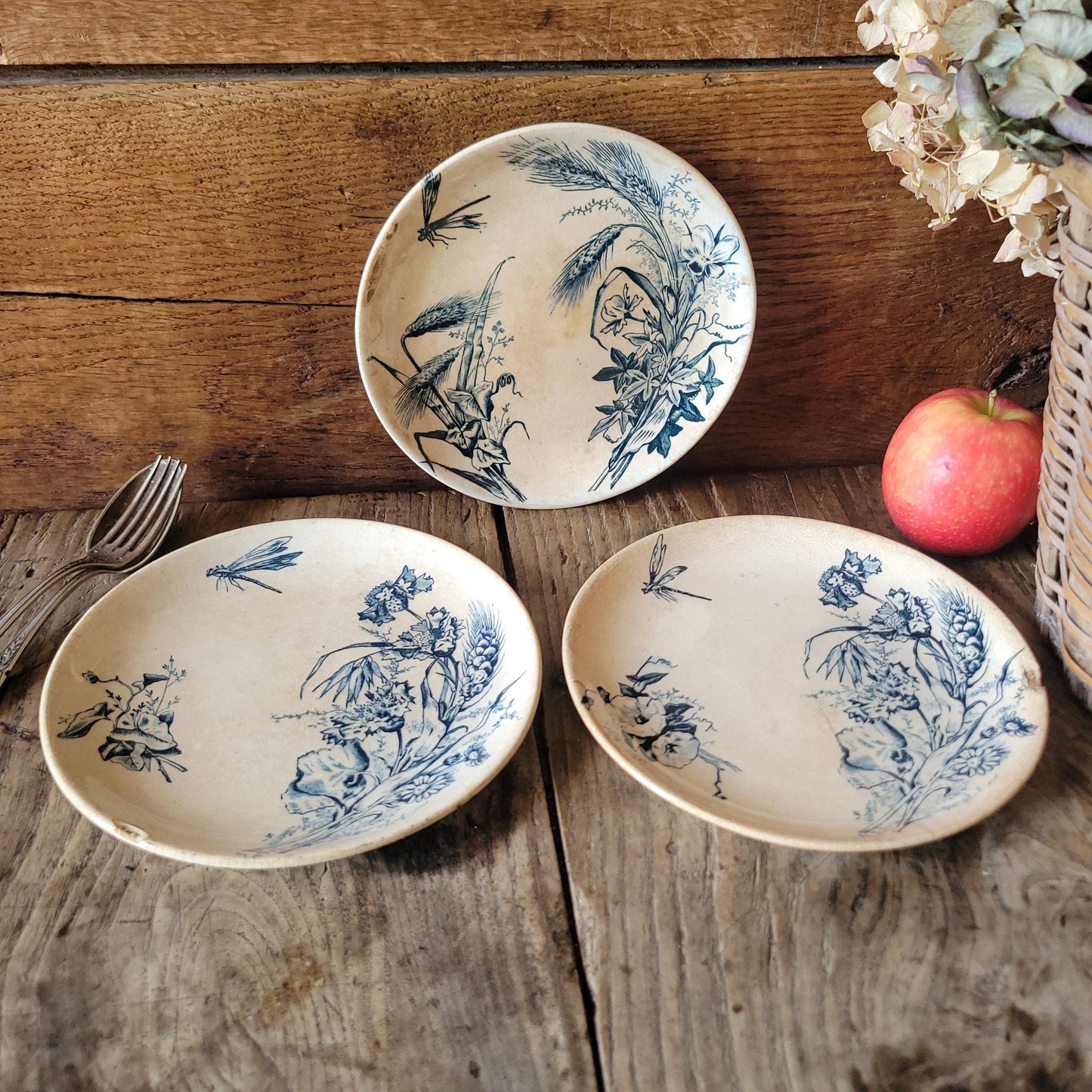 Set of Three Shabby Dragonfly Plates, Aesthetic Movement Influence, France c.1890