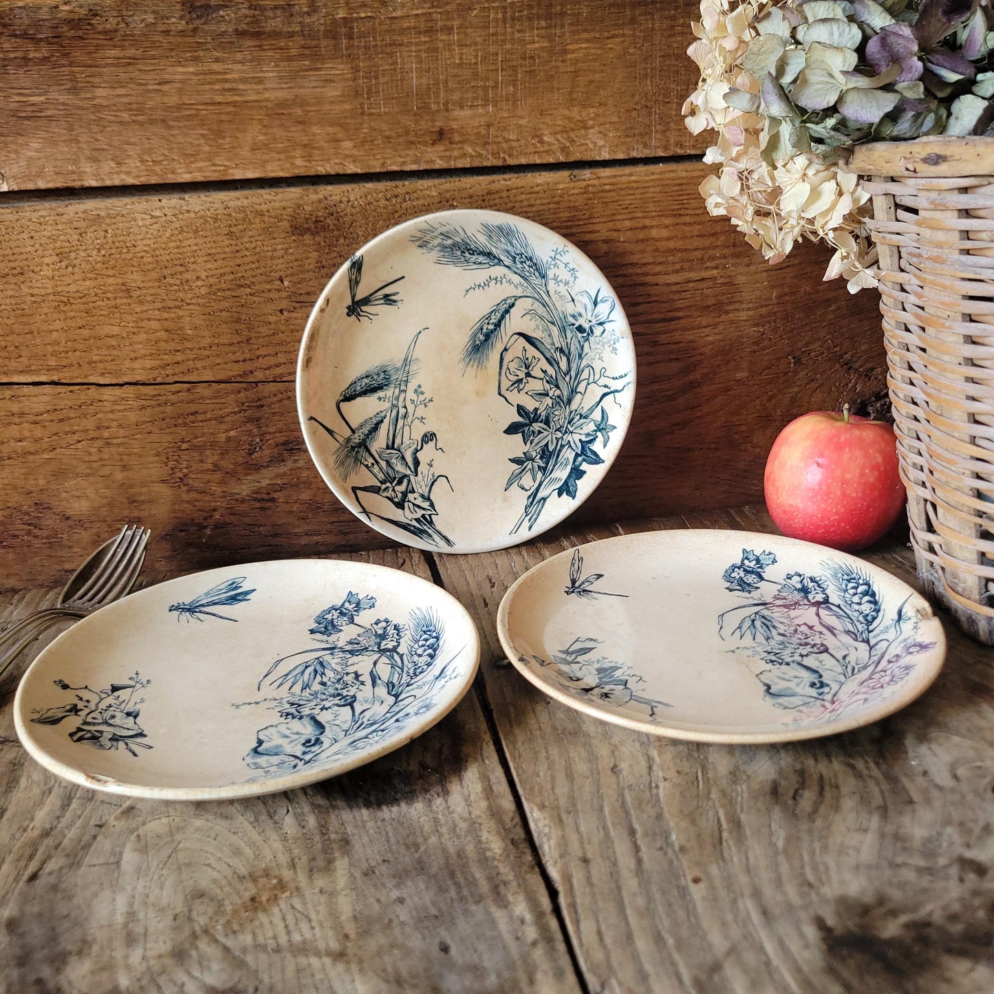 Set of Three Shabby Dragonfly Plates, Aesthetic Movement Influence, France c.1890