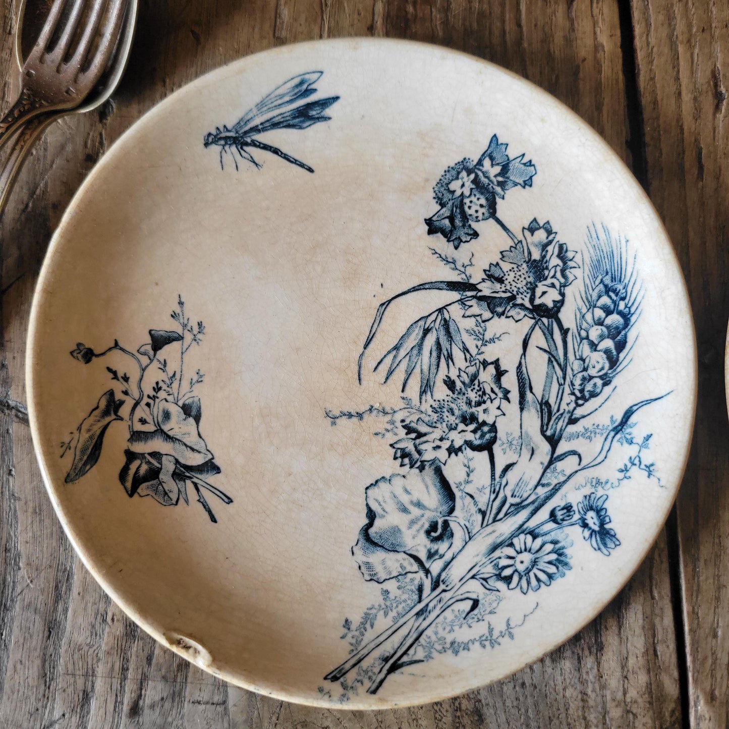 Set of Three Shabby Dragonfly Plates, Aesthetic Movement Influence, France c.1890