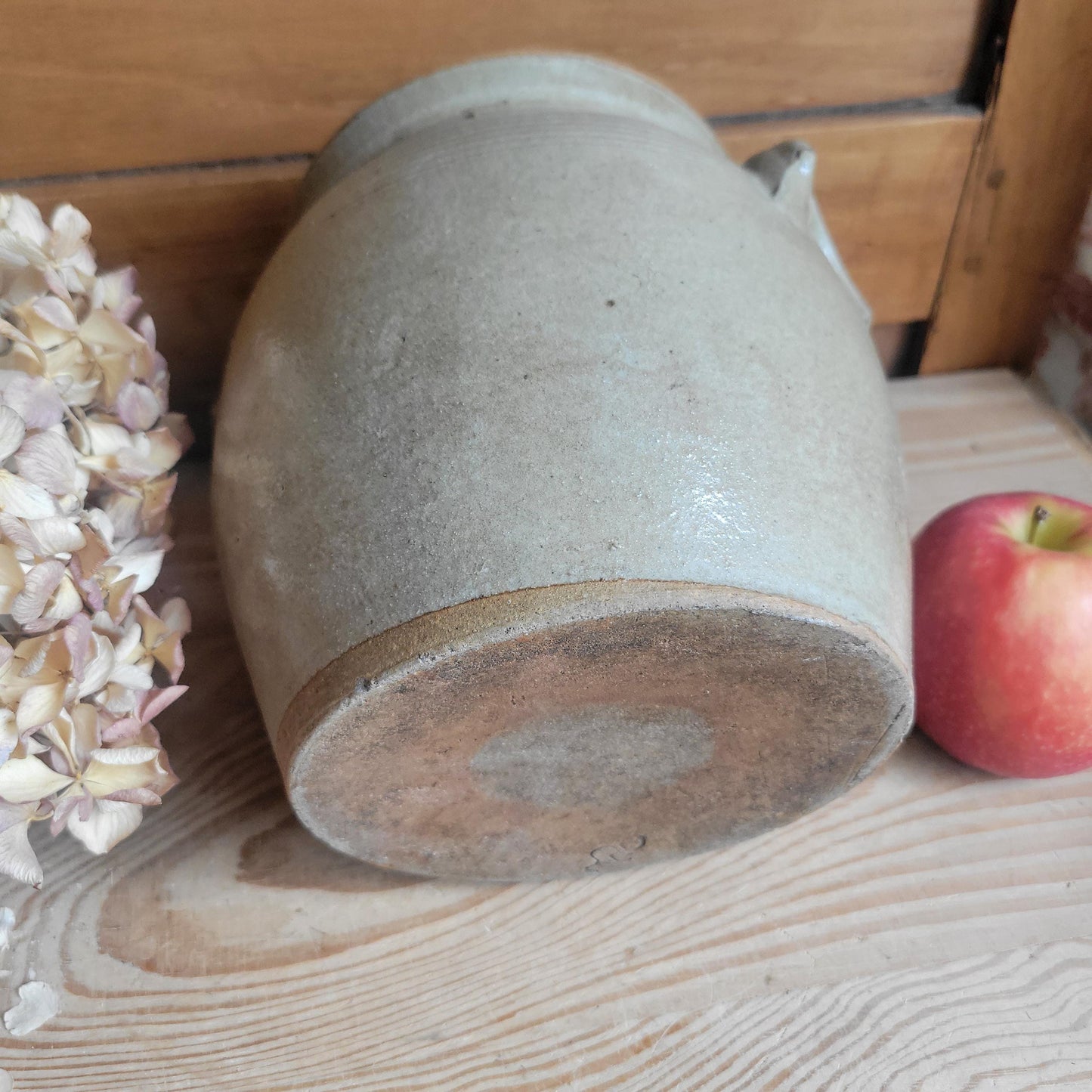 Small Antique French Confit Pot - Glazed attached-handled vintage stoneware, greige, early 1900s