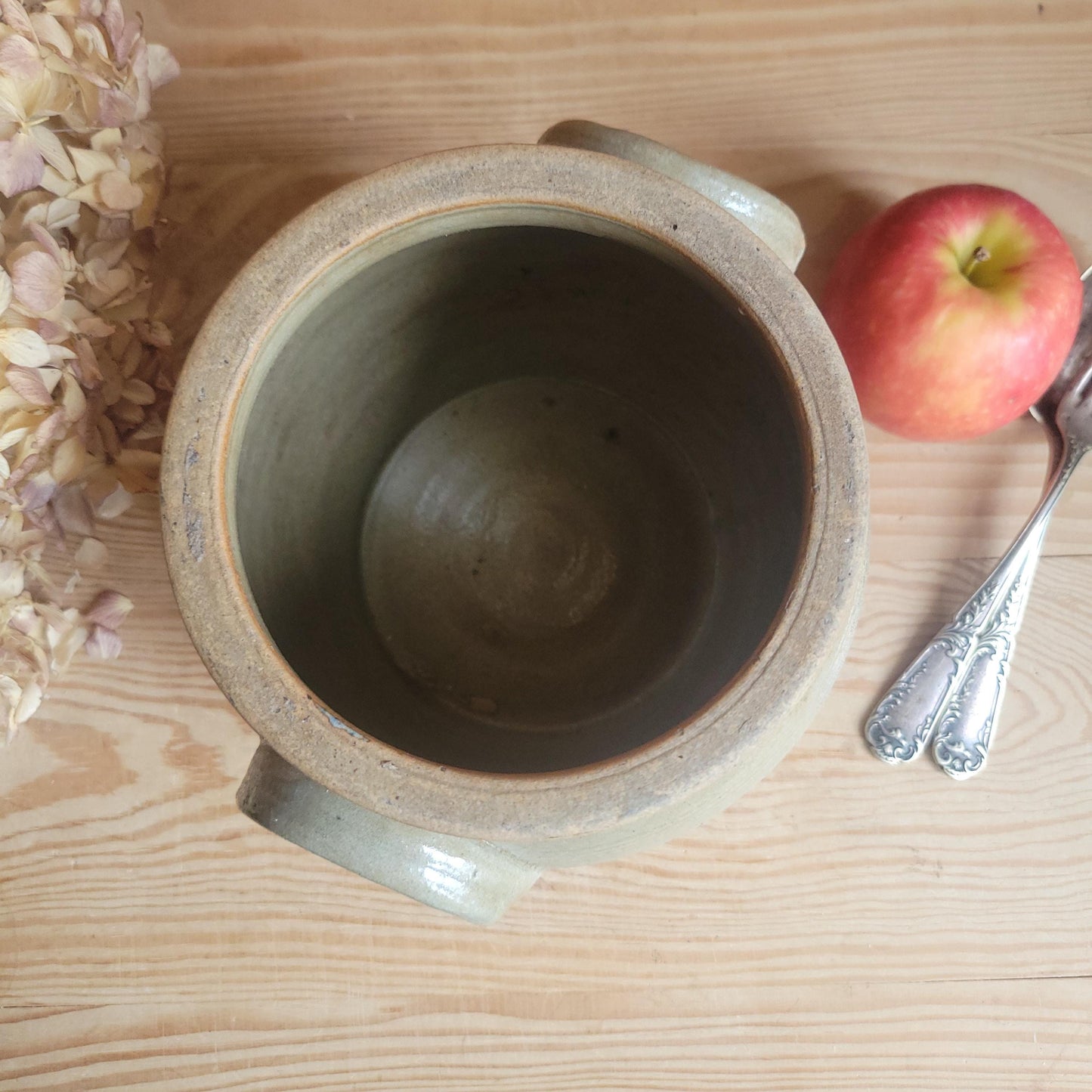 Small Antique French Confit Pot - Glazed attached-handled vintage stoneware, greige, early 1900s