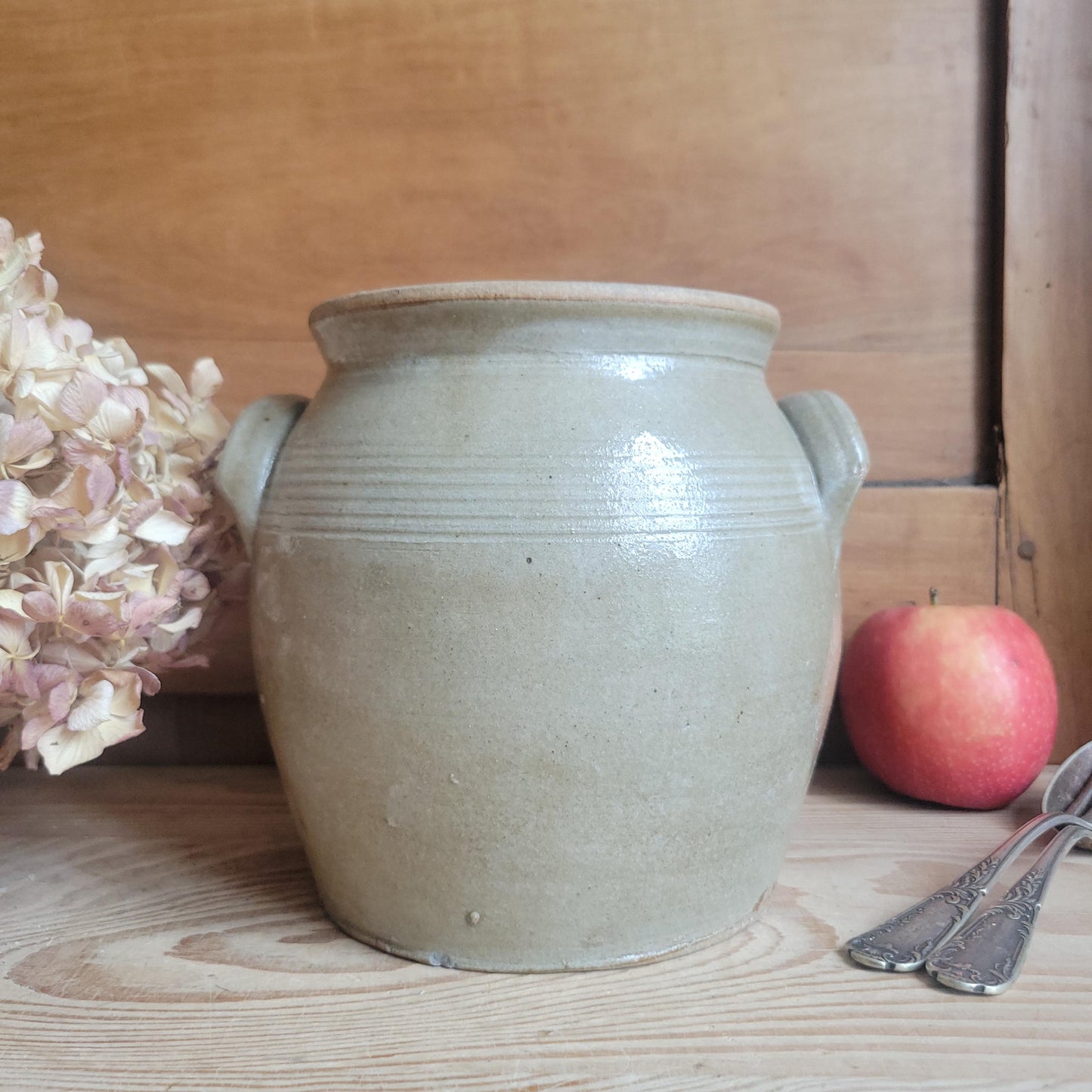 Small Antique French Confit Pot - Glazed attached-handled vintage stoneware, greige, early 1900s