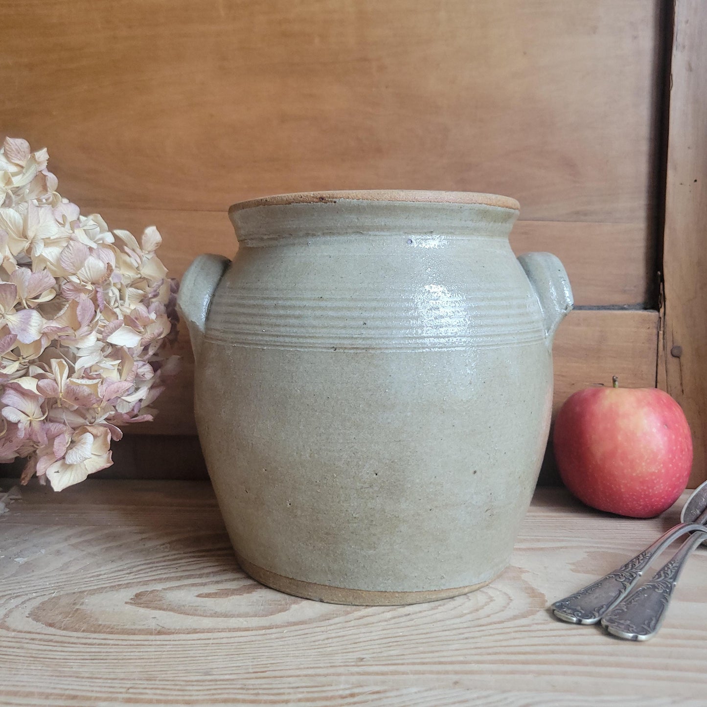 Small Antique French Confit Pot - Glazed attached-handled vintage stoneware, greige, early 1900s