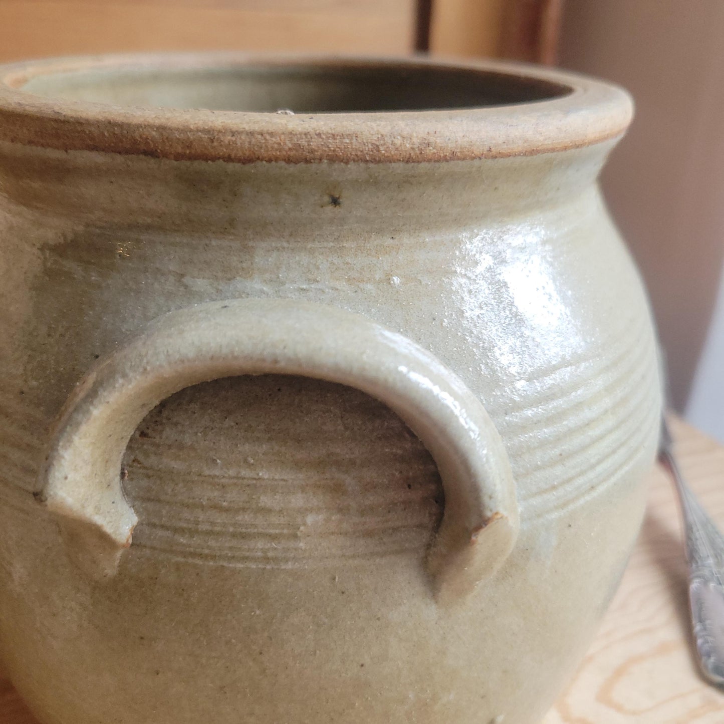 Small Antique French Confit Pot - Glazed attached-handled vintage stoneware, greige, early 1900s