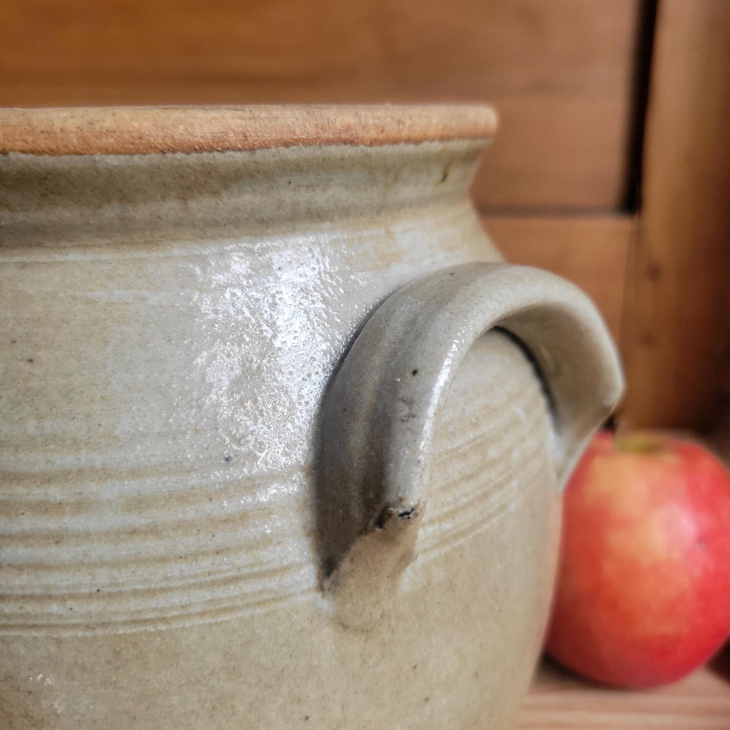 Small Antique French Confit Pot - Glazed attached-handled vintage stoneware, greige, early 1900s