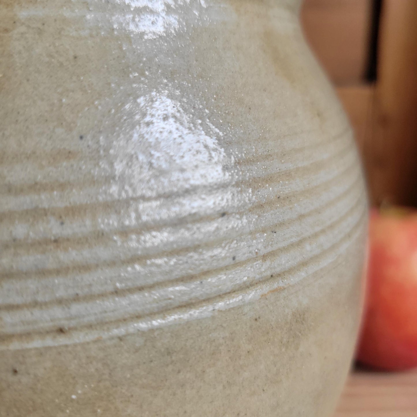 Small Antique French Confit Pot - Glazed attached-handled vintage stoneware, greige, early 1900s