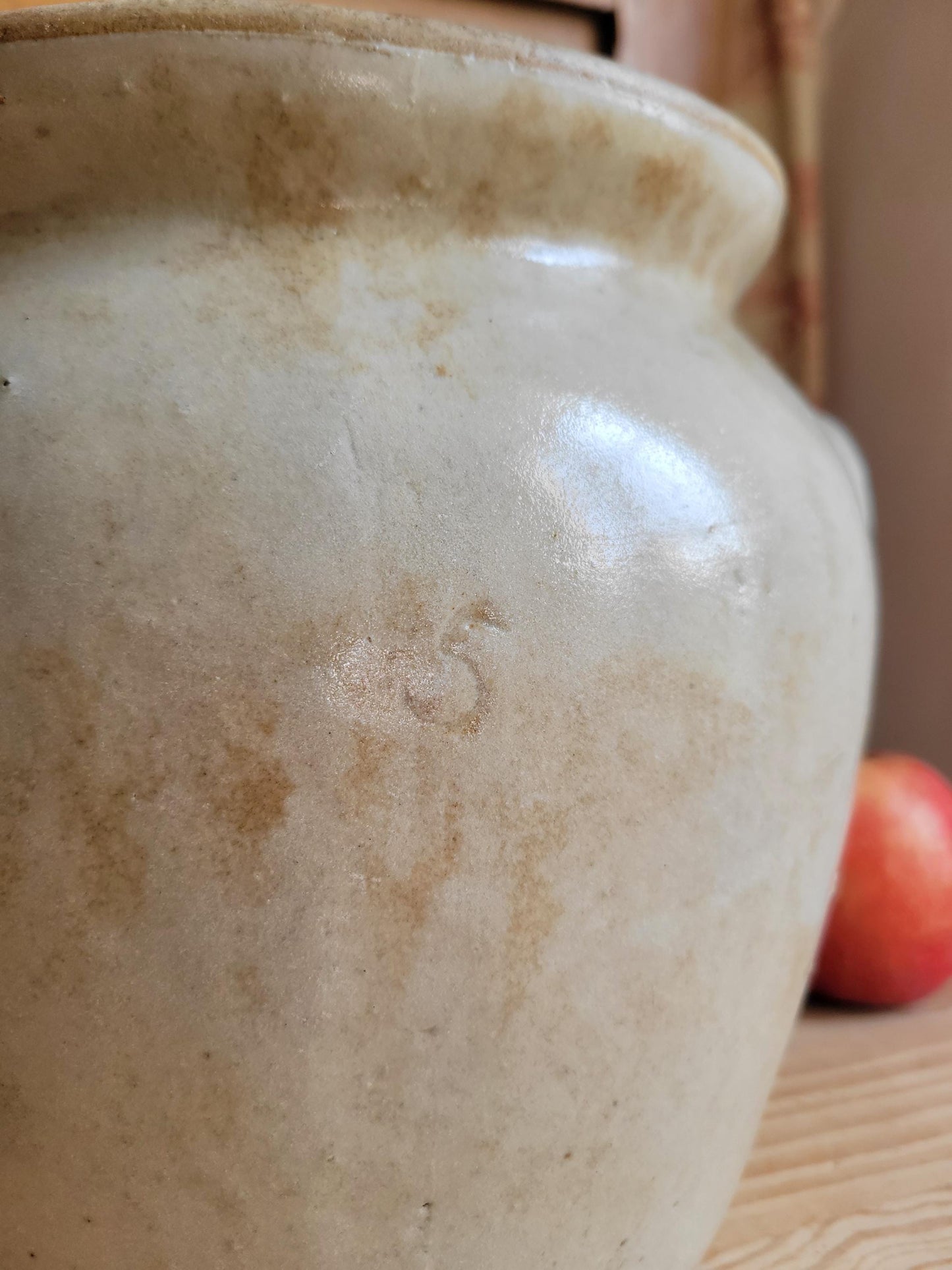 Large Antique French Confit Pot - Glazed attached-handled vintage stoneware, greige, early 1900s