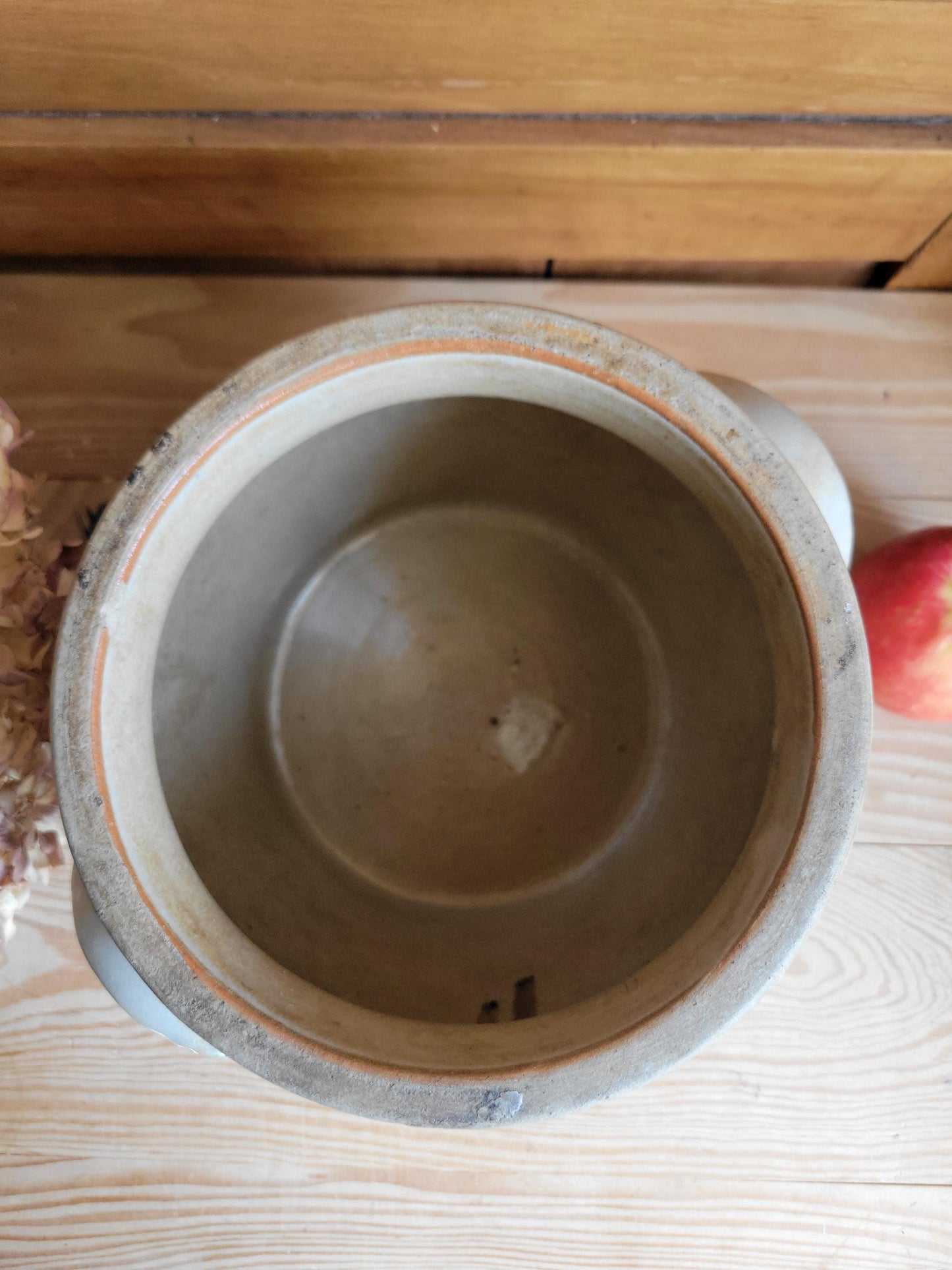 Large Antique French Confit Pot - Glazed attached-handled vintage stoneware, greige, early 1900s