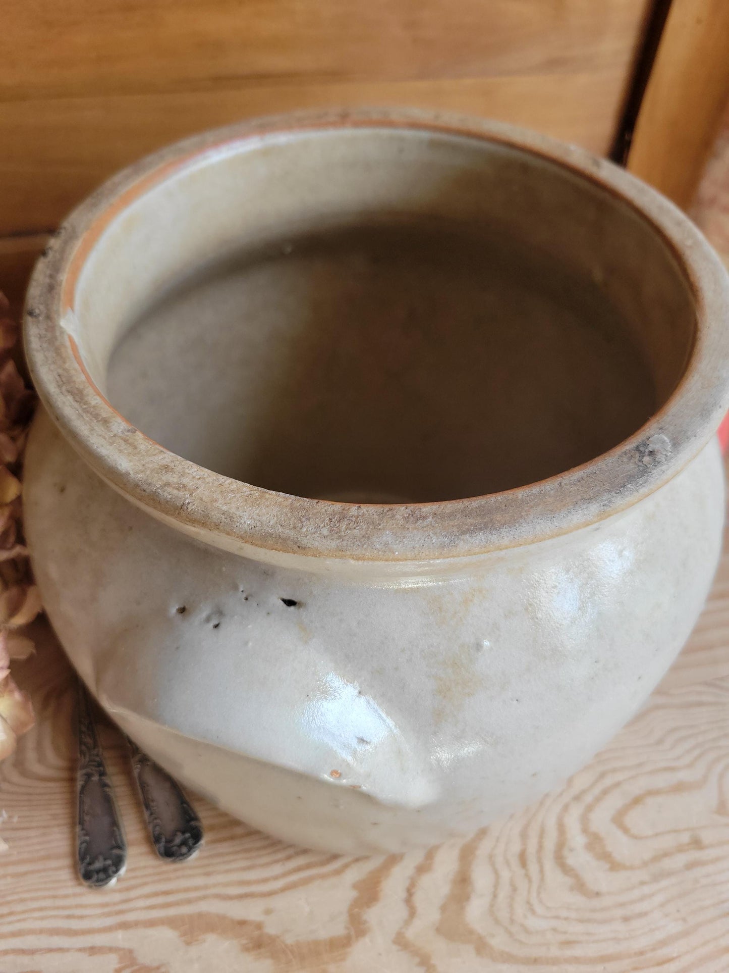 Large Antique French Confit Pot - Glazed attached-handled vintage stoneware, greige, early 1900s