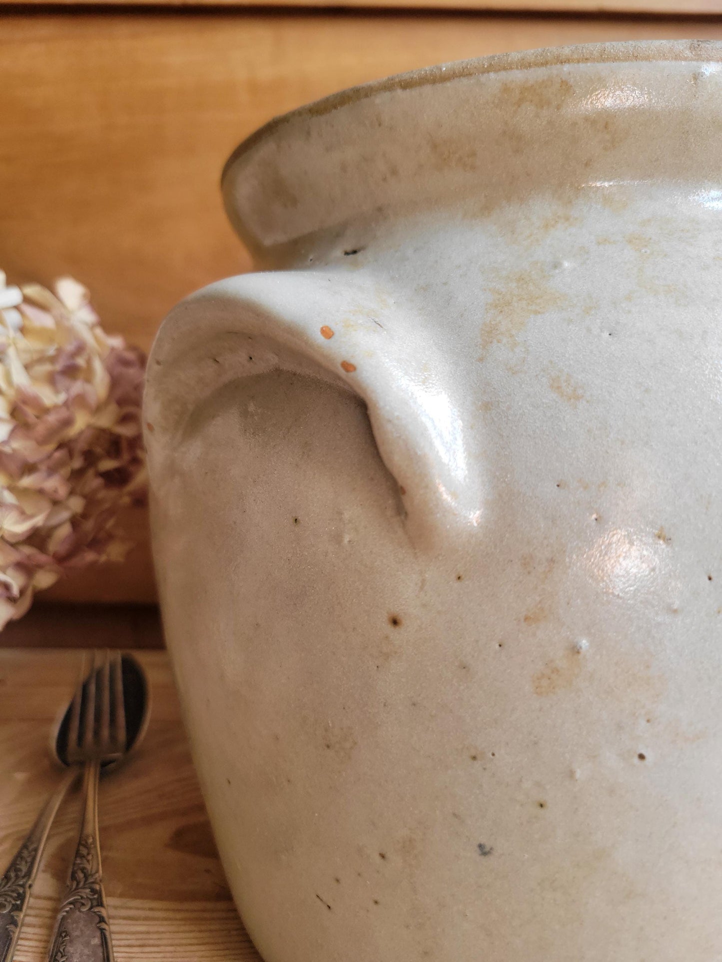 Large Antique French Confit Pot - Glazed attached-handled vintage stoneware, greige, early 1900s