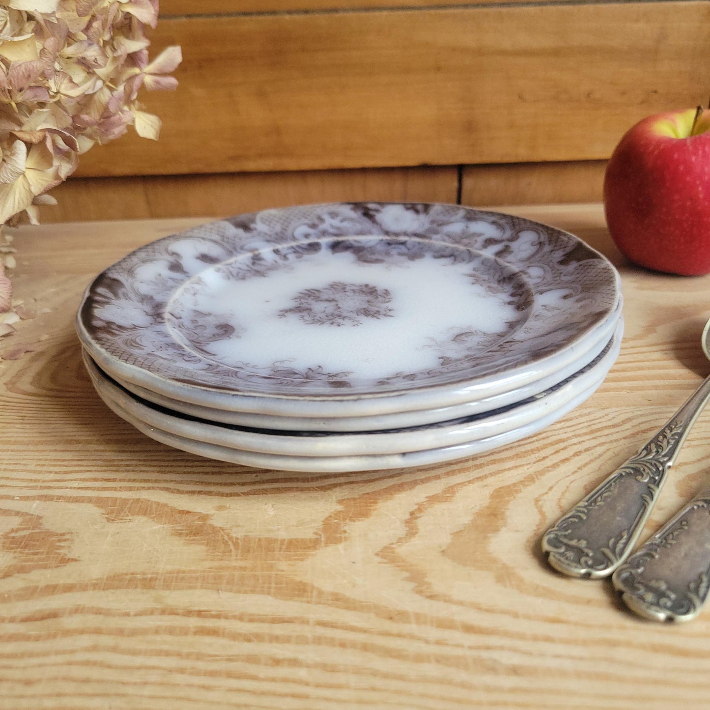 Set of 4 ‘Bryonia’ Dessert Plates b&W transferware by Sarreguemines, France c.1880