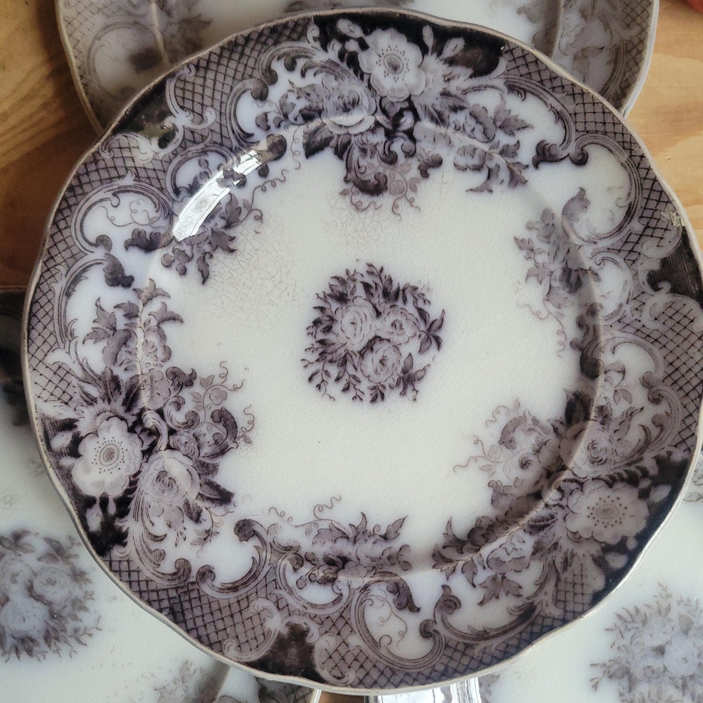Set of 4 ‘Bryonia’ Dessert Plates b&W transferware by Sarreguemines, France c.1880