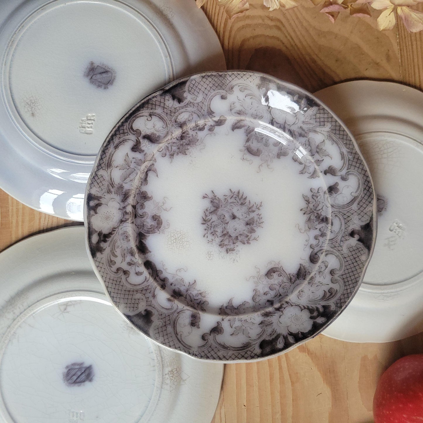 Set of 4 ‘Bryonia’ Dessert Plates b&W transferware by Sarreguemines, France c.1880