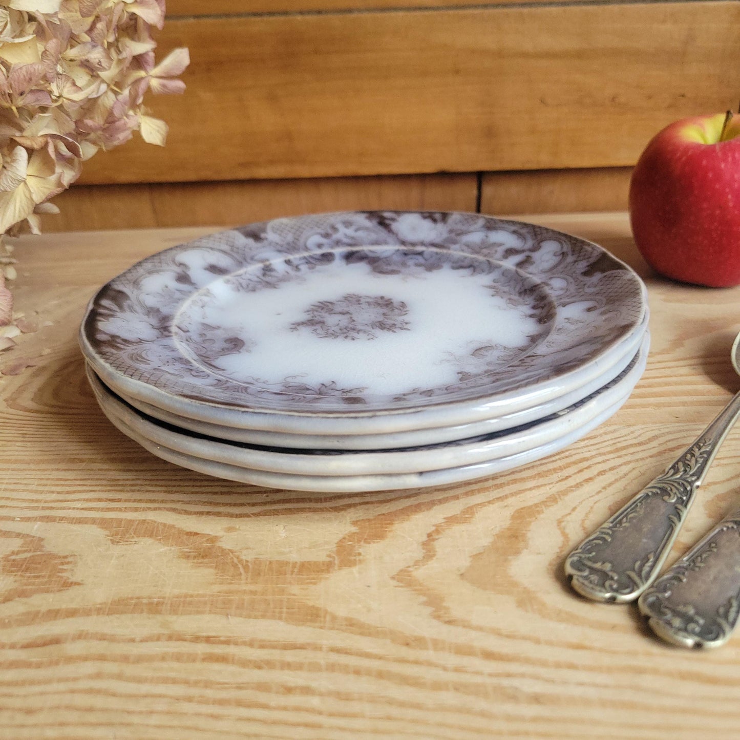 Set of 4 ‘Bryonia’ Dessert Plates b&W transferware by Sarreguemines, France c.1880