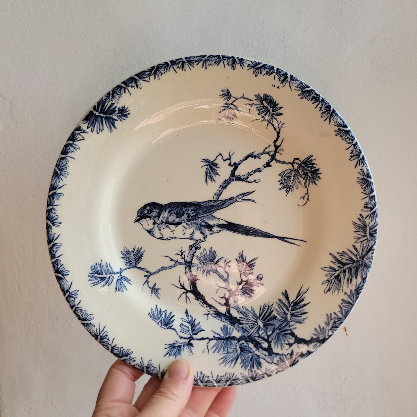 Pair of Gien ‘Provençal’ Soup Plates, Teal Transferware with Bird Motif, France c.1880