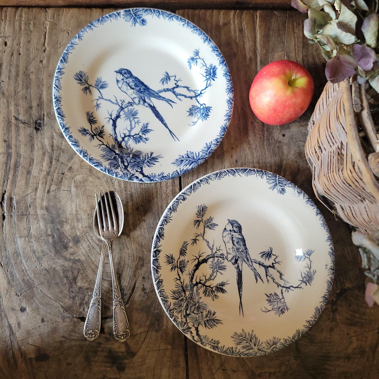 Pair of Gien ‘Provençal’ Soup Plates, Teal Transferware with Bird Motif, France c.1880