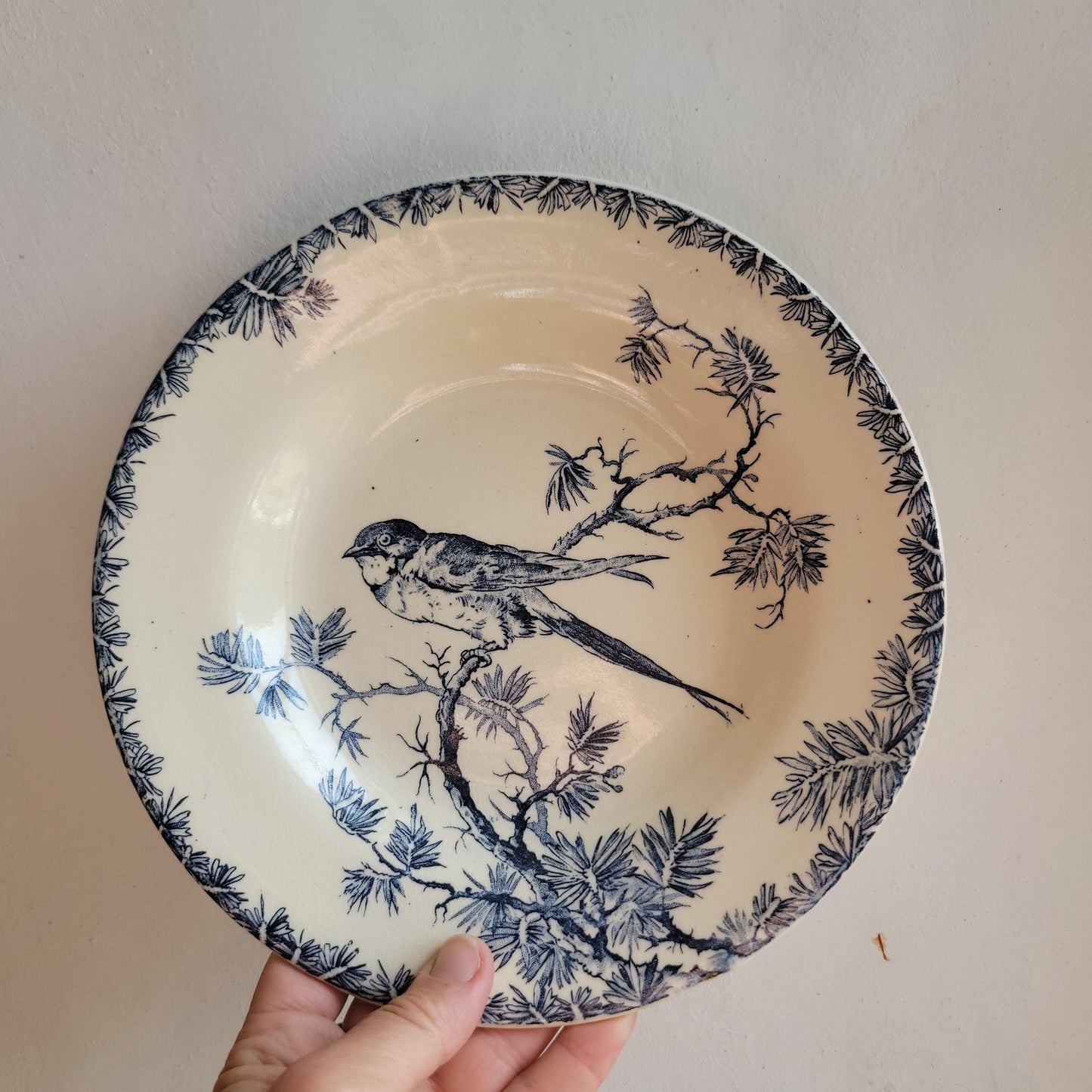 Pair of Gien ‘Provençal’ Soup Plates, Teal Transferware with Bird Motif, France c.1880