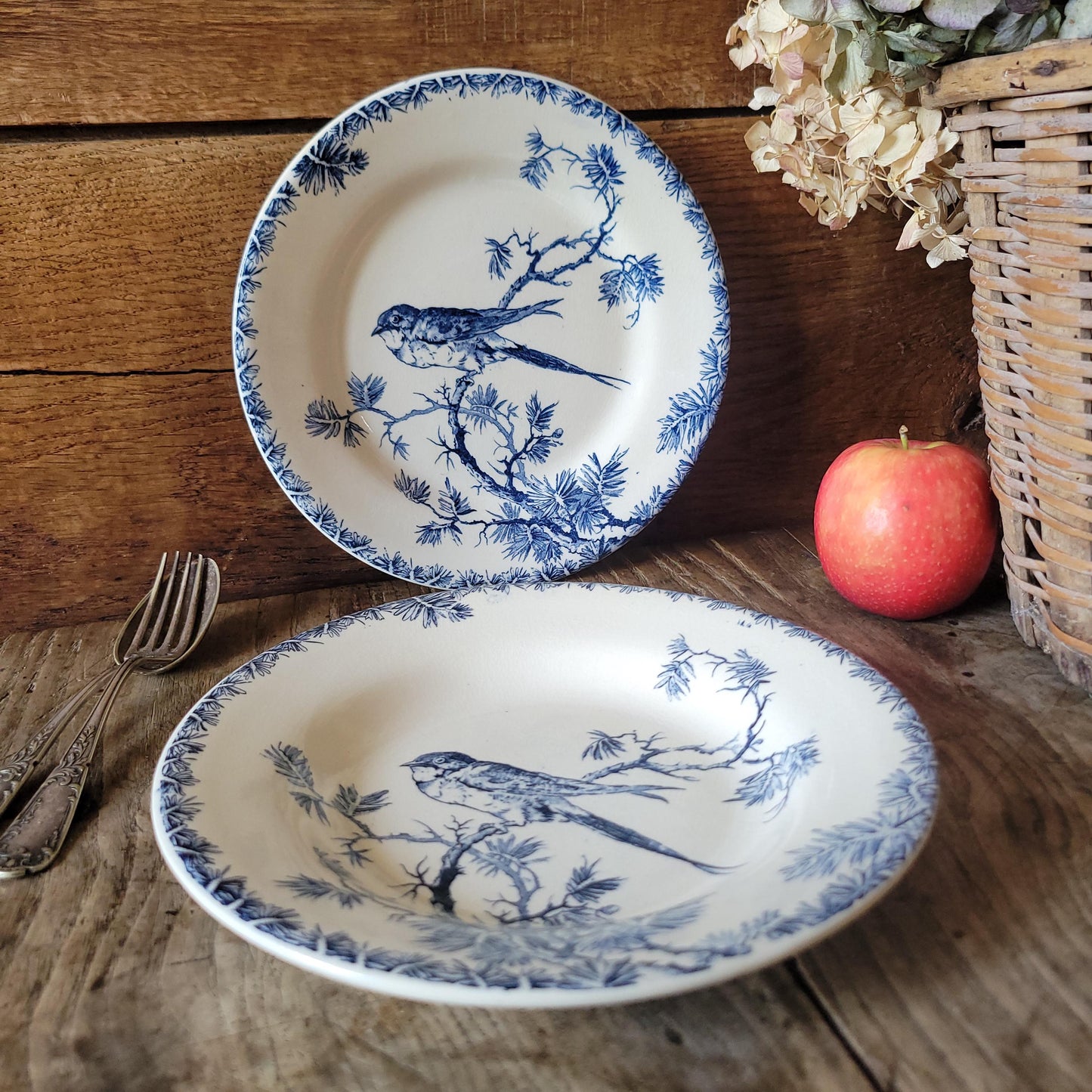 Pair of Gien ‘Provençal’ Soup Plates, Teal Transferware with Bird Motif, France c.1880