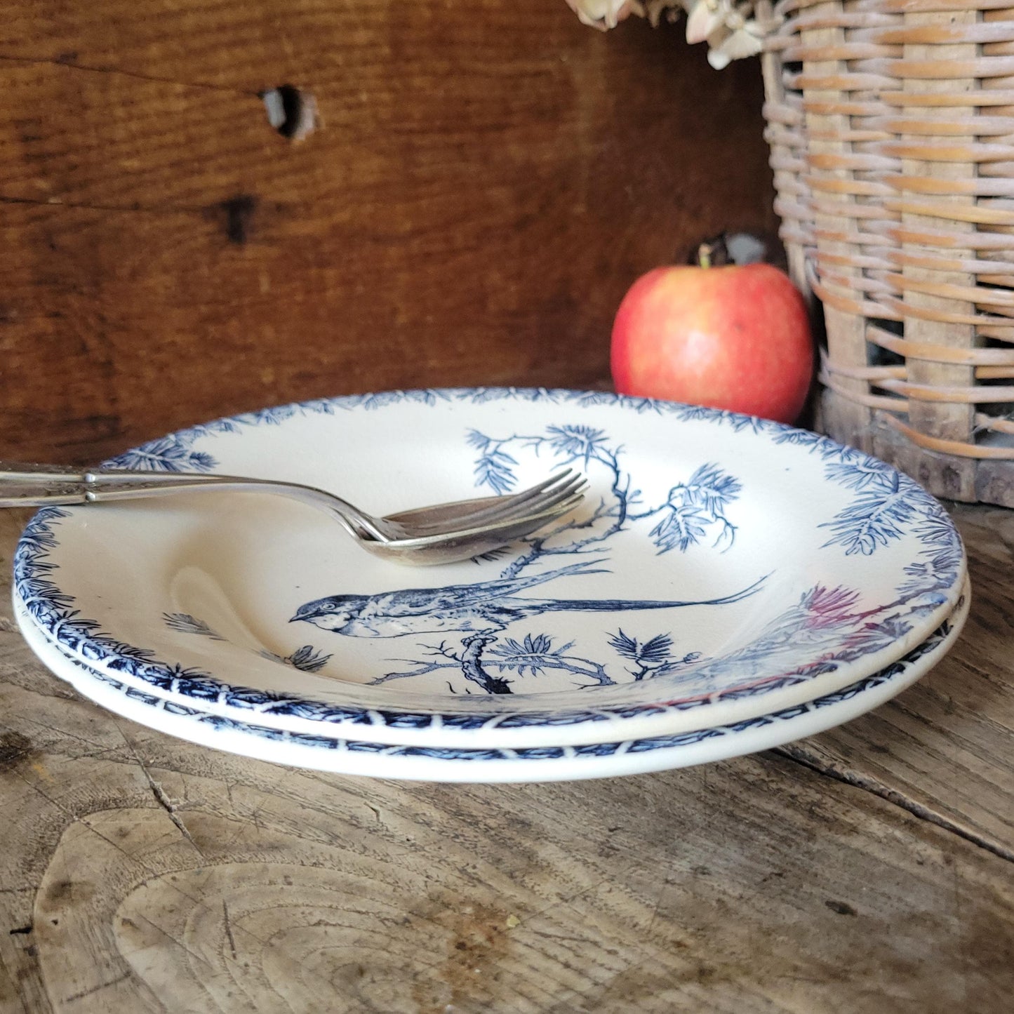 Pair of Gien ‘Provençal’ Soup Plates, Teal Transferware with Bird Motif, France c.1880