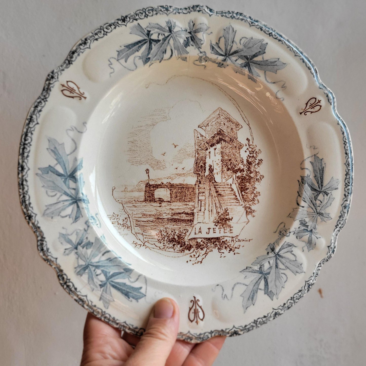 Pair of Choisy-le-Roi XIII Plates, ‘Le Soir’ and ‘La Jetée’, Blue-Brown Transferware, France c.1880