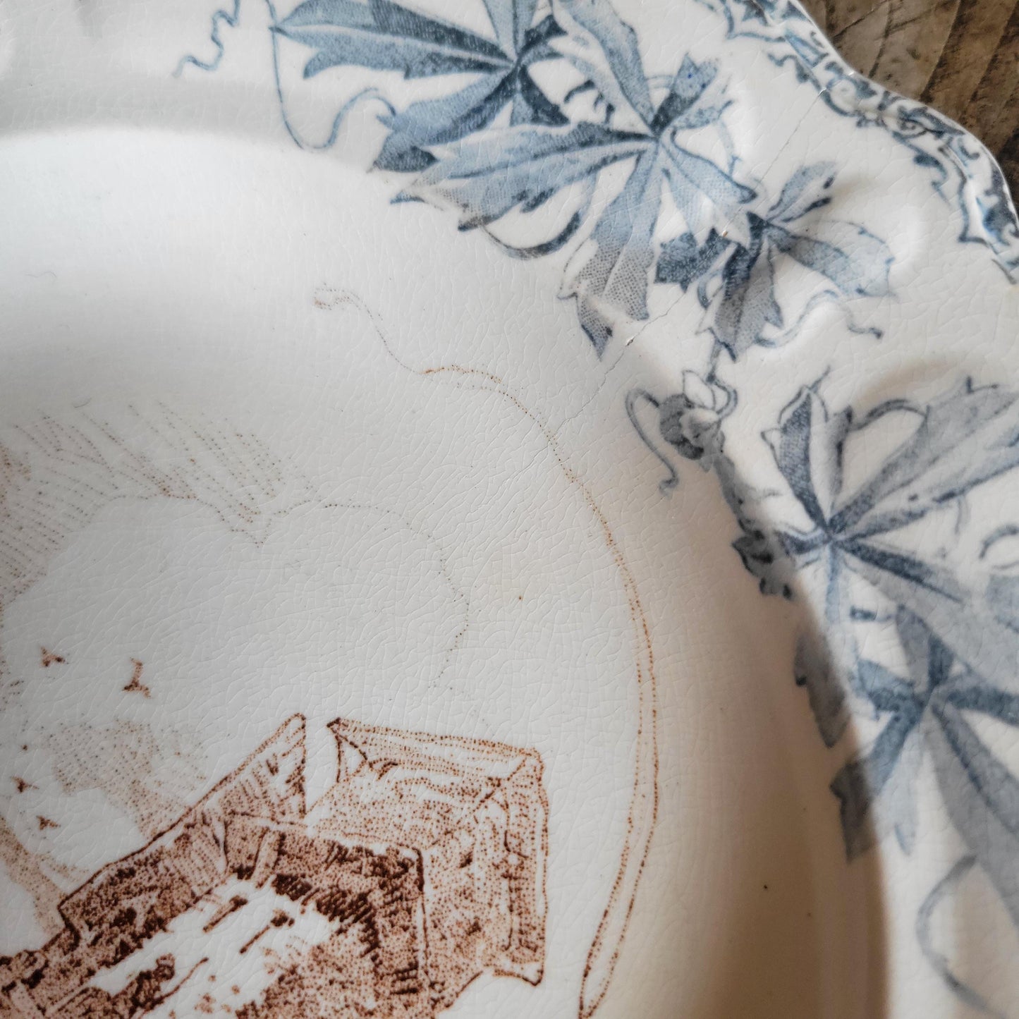 Pair of Choisy-le-Roi XIII Plates, ‘Le Soir’ and ‘La Jetée’, Blue-Brown Transferware, France c.1880