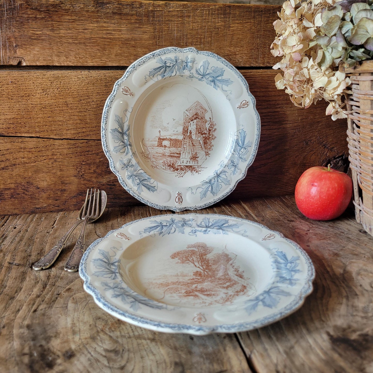 Pair of Choisy-le-Roi XIII Plates, ‘Le Soir’ and ‘La Jetée’, Blue-Brown Transferware, France c.1880
