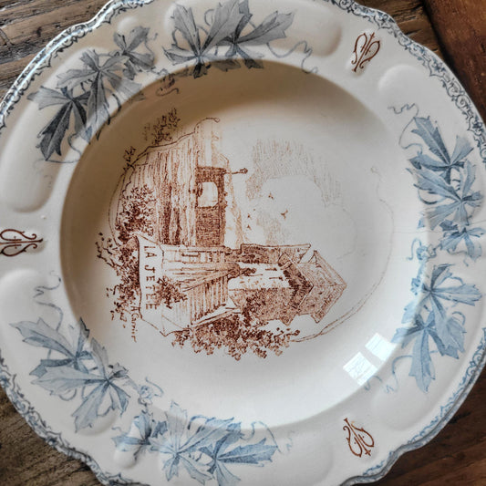 Pair of Choisy-le-Roi XIII Plates, ‘Le Soir’ and ‘La Jetée’, Blue-Brown Transferware, France c.1880