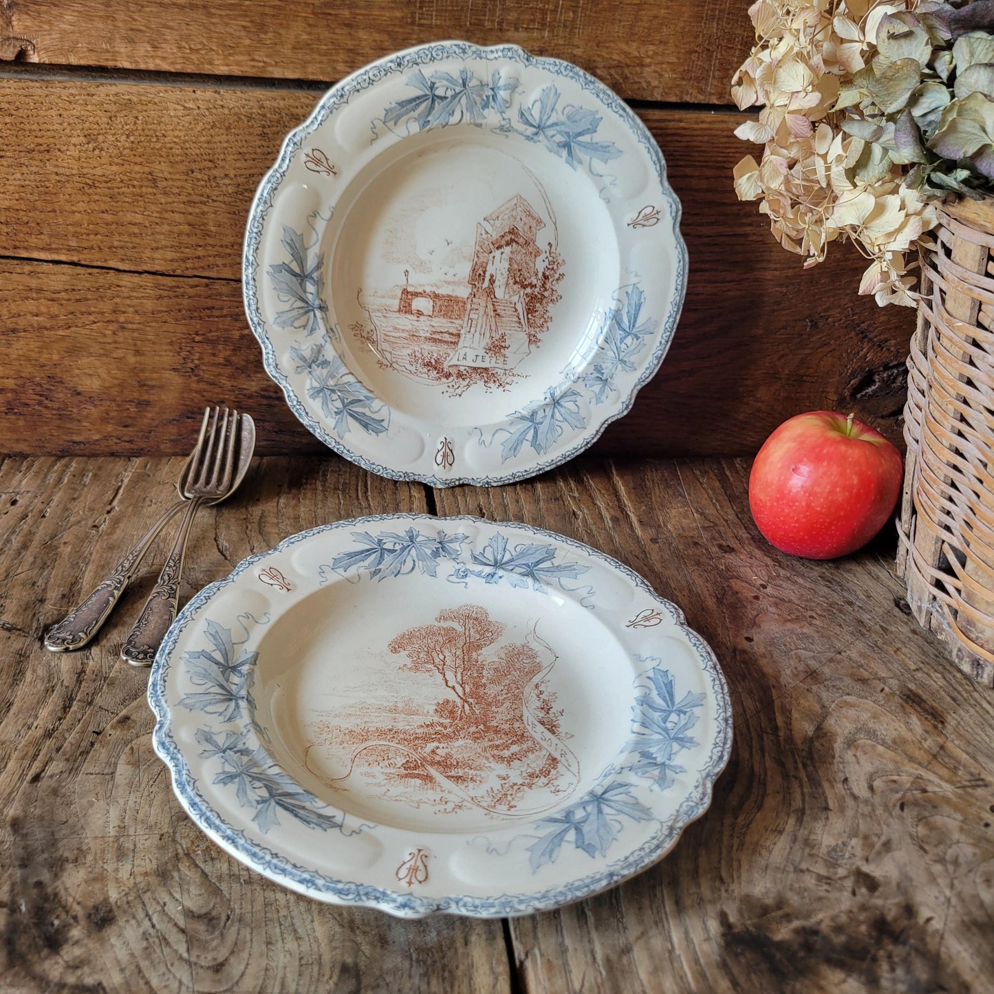 Pair of Choisy-le-Roi XIII Plates, ‘Le Soir’ and ‘La Jetée’, Blue-Brown Transferware, France c.1880