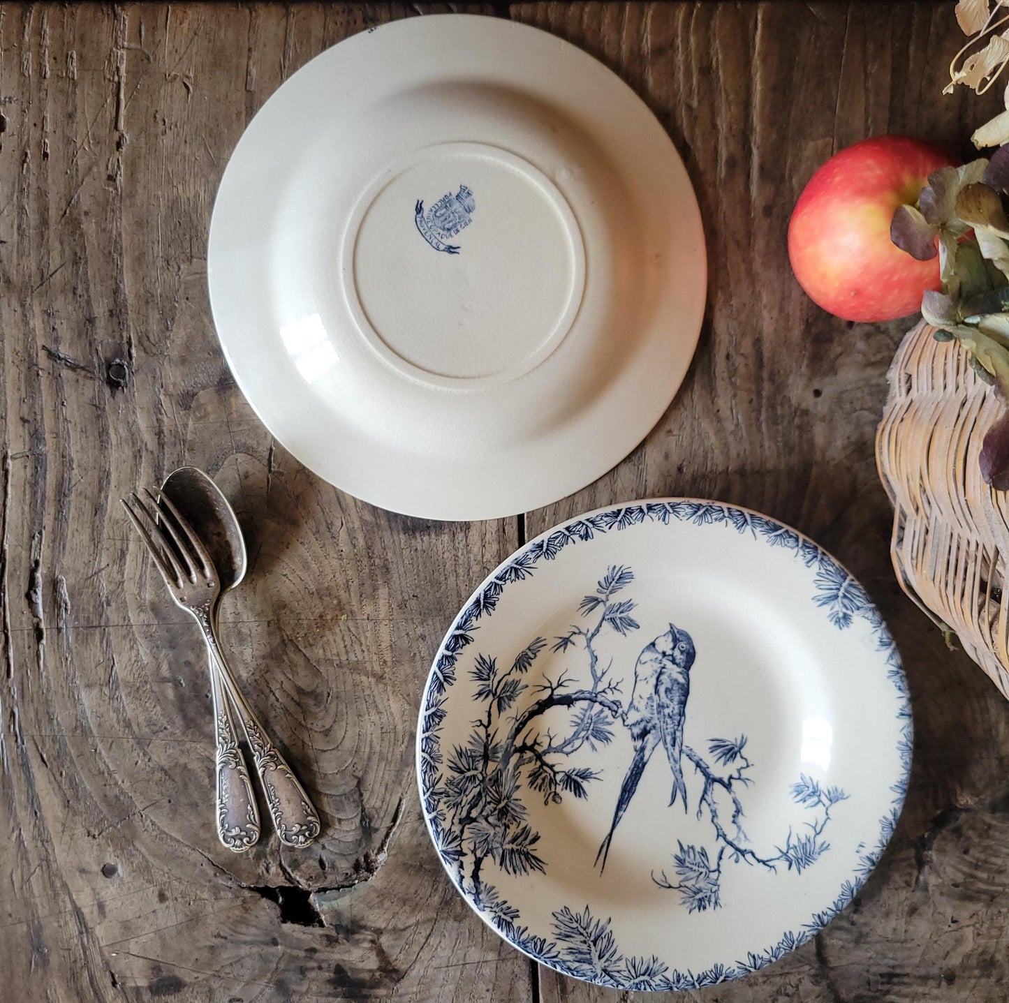Pair of Gien ‘Provençal’ Soup Plates, Teal Transferware with Bird Motif, France c.1880