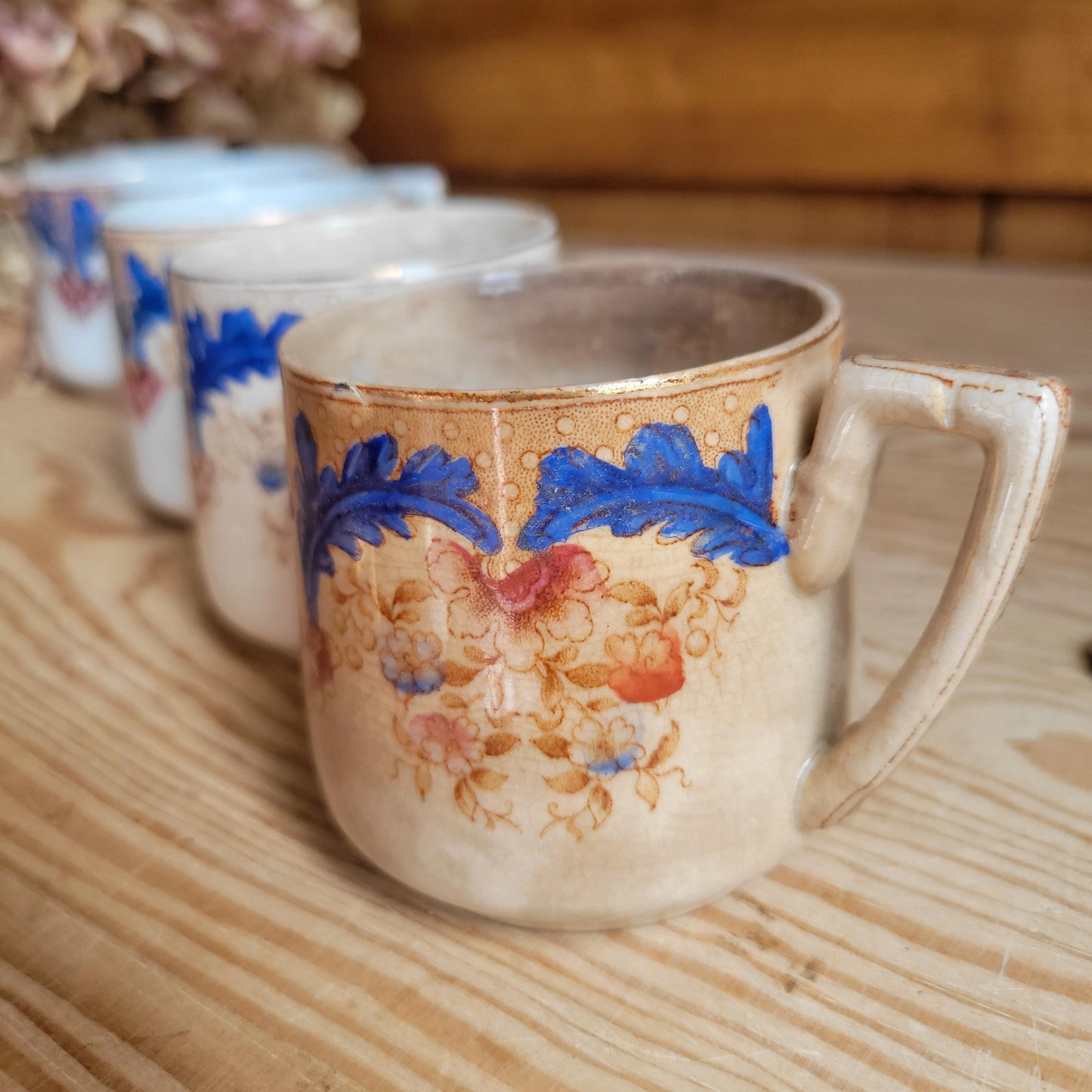 Set of 5 Sarreguemines Tea / Espresso Cups, Polychrome Earthenware, France c.1890